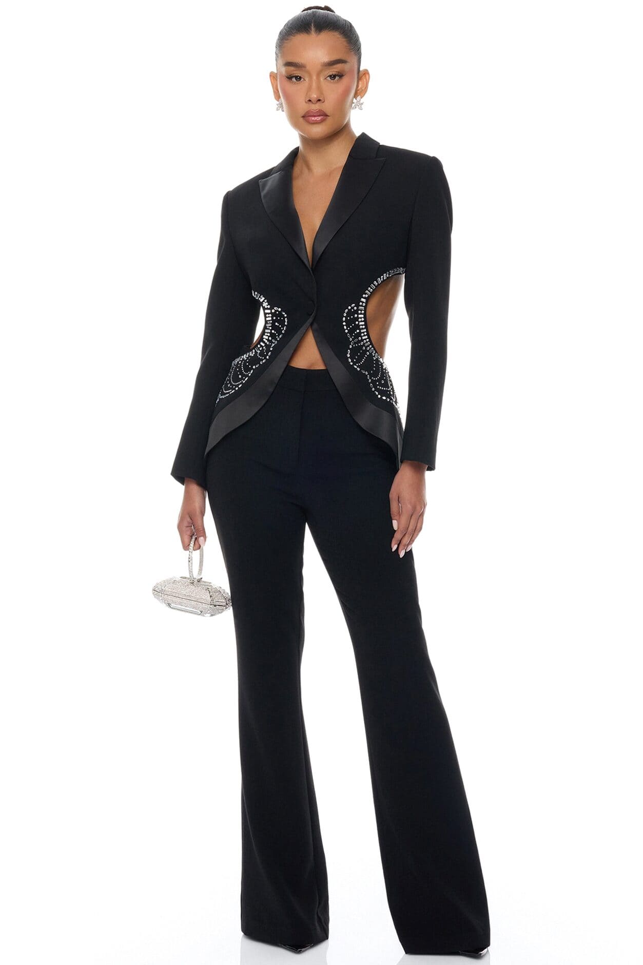 Hard To Miss Cut Out Embellished Pant Set - Black alternate