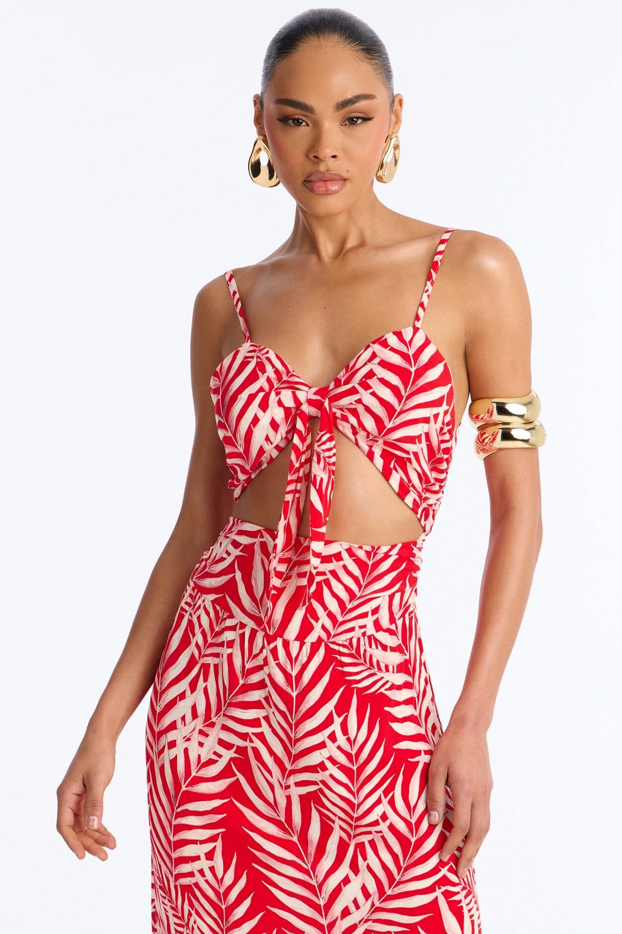 Kaylie Printed Tie Front Maxi Dress - Red/combo alternate