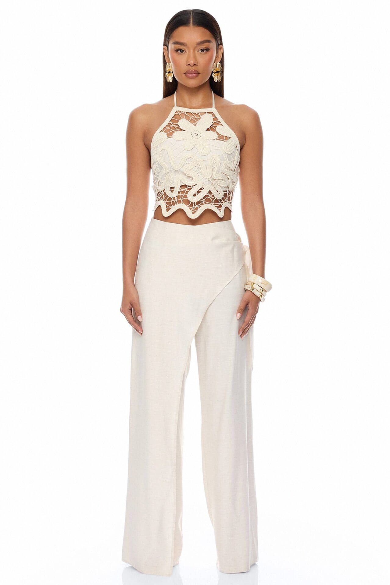 Golden Getaway Draped Crochet Pant Set - Cream alternate