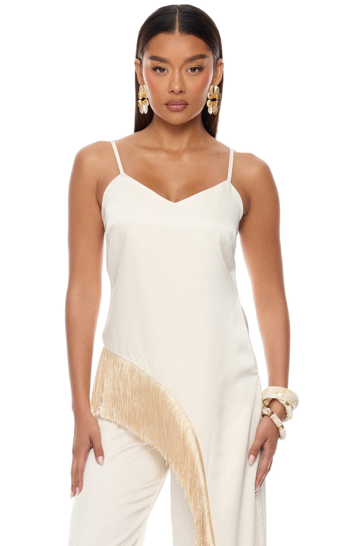 Natural Drama Fringe Satin Pant Set - Ivory alternate
