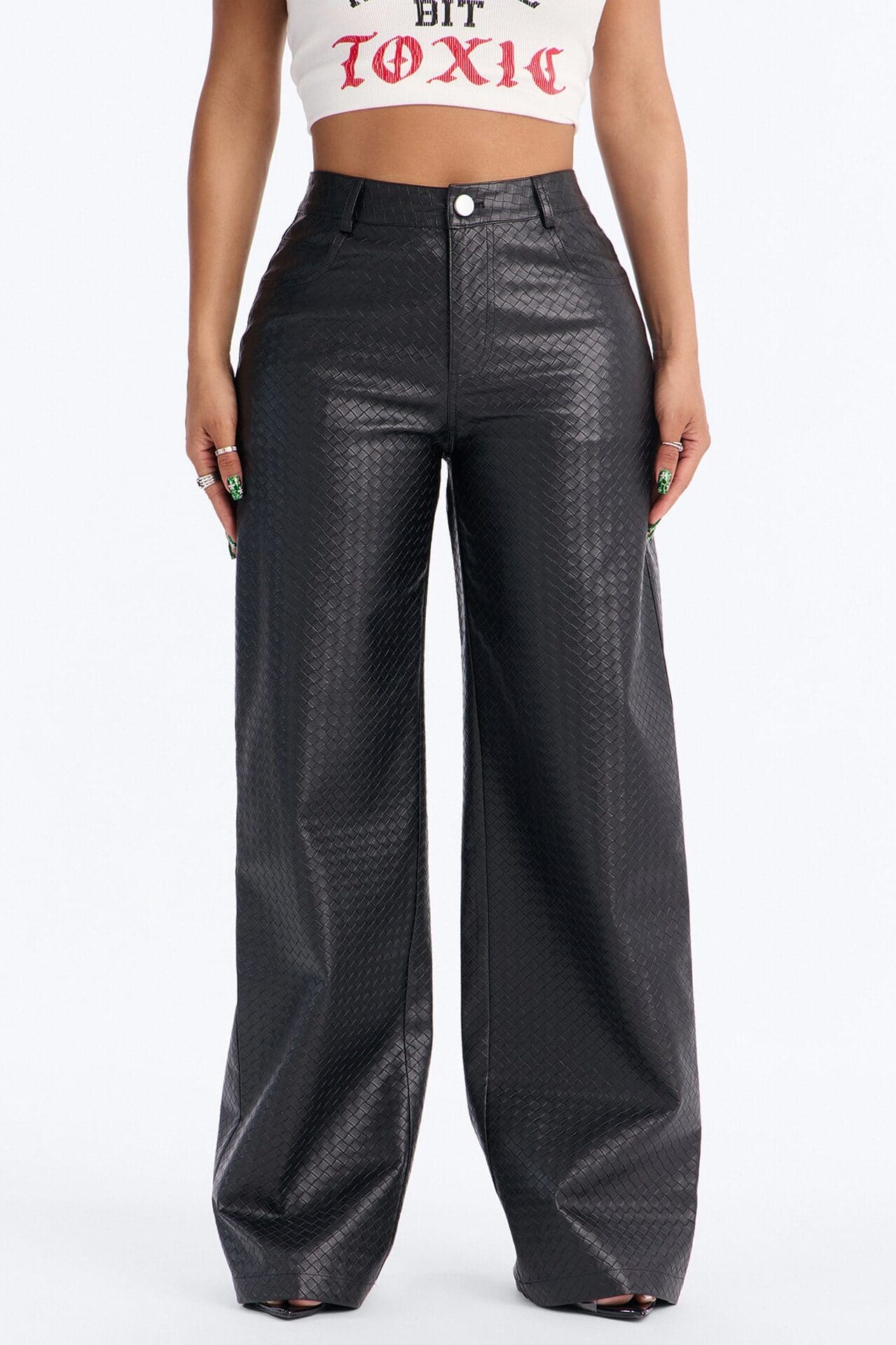 Jewel Mid Rise Weave Embossed Faux Leather Wide Leg Pant - Black alternate