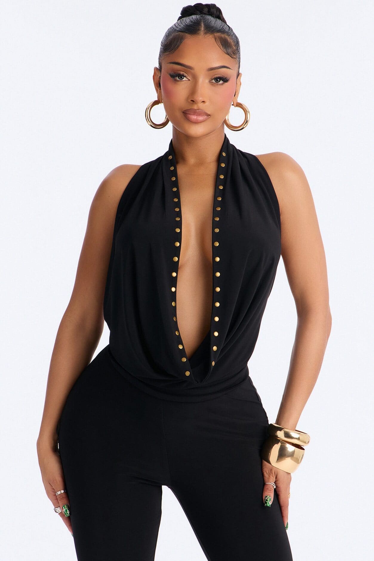 Jade Cowl Neck Studded Capri Pant Set - Black alternate