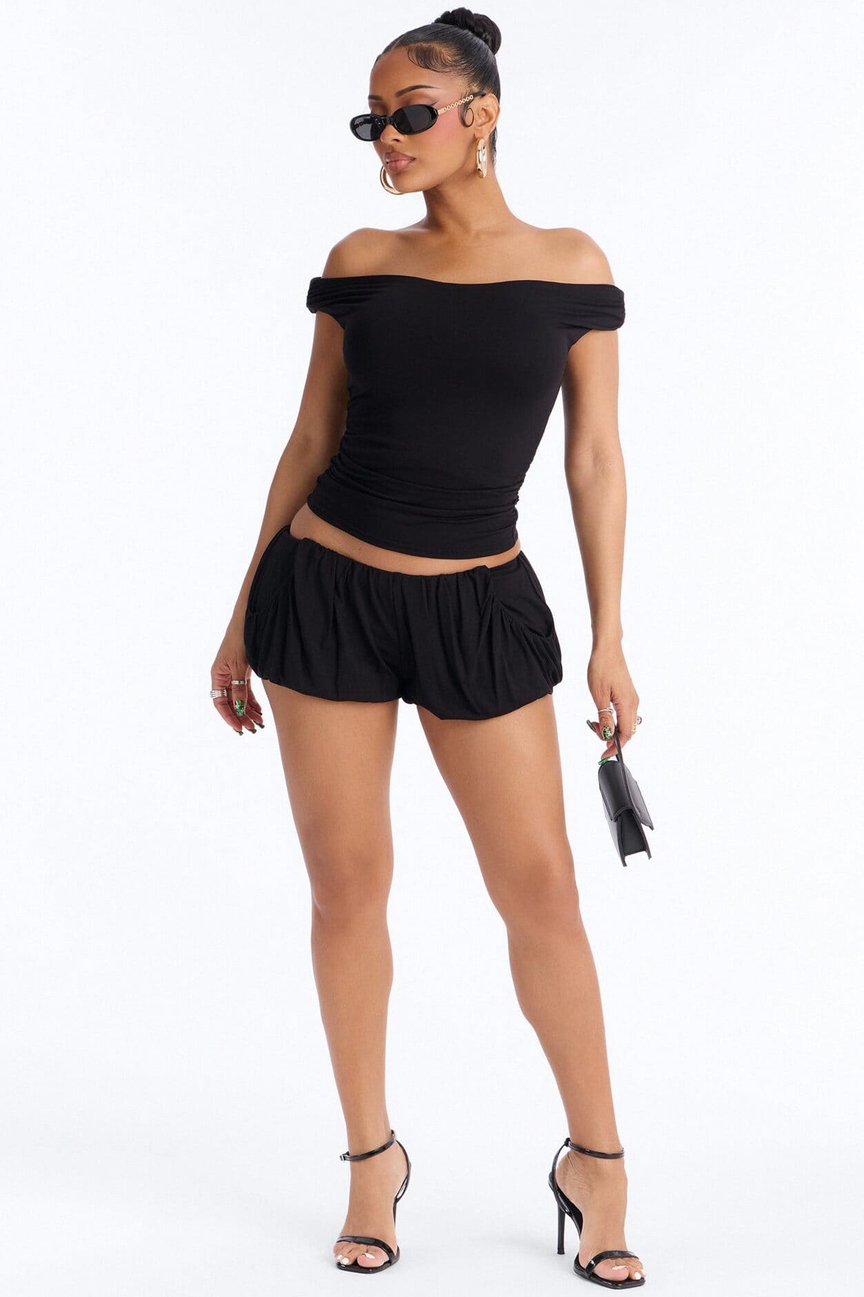 Kennedy Off Shoulder Bubble Short Set - Black alternate