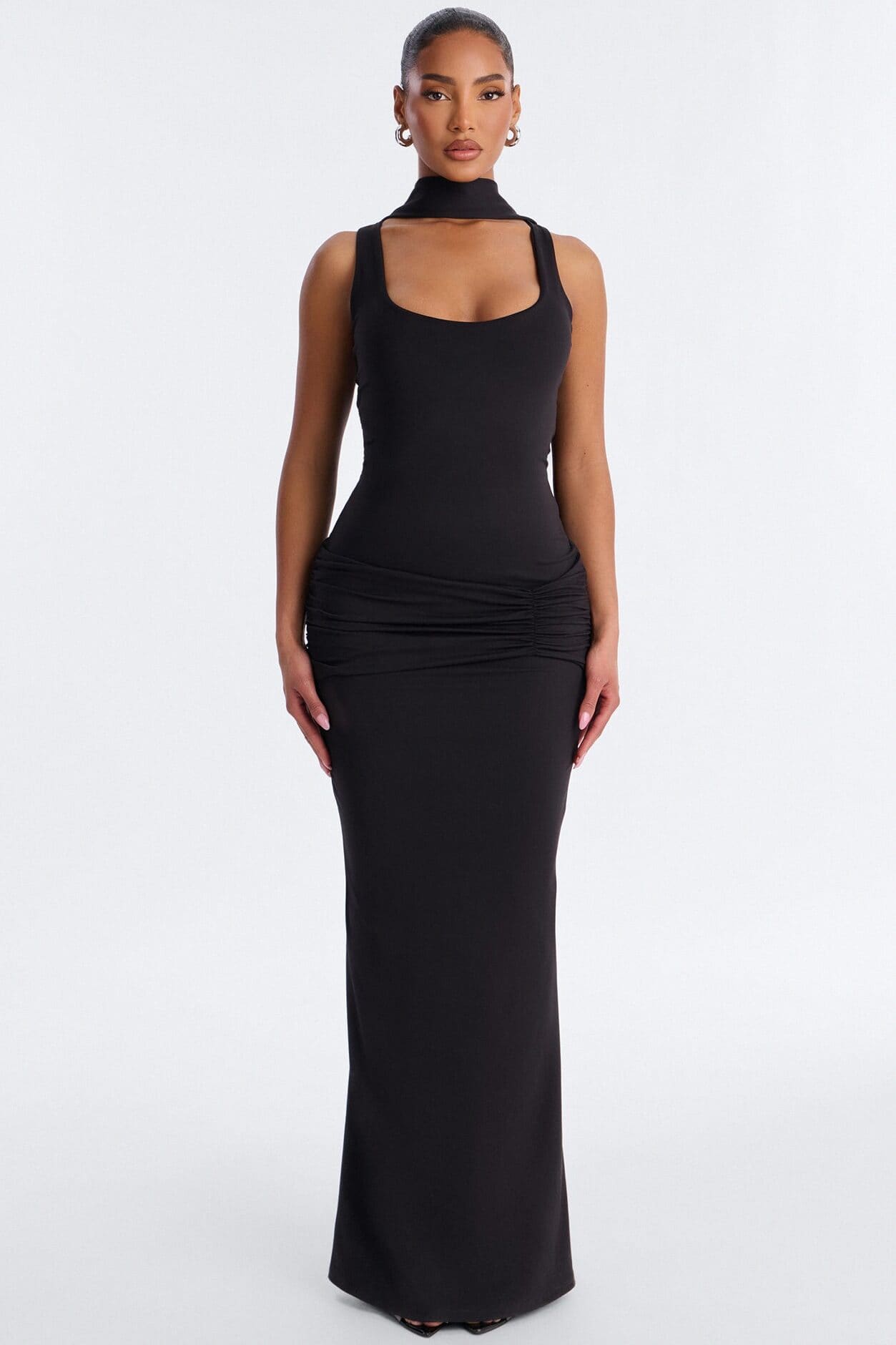 Bianca Matte Form Double Lined Neck Scarf Maxi Dress - Black