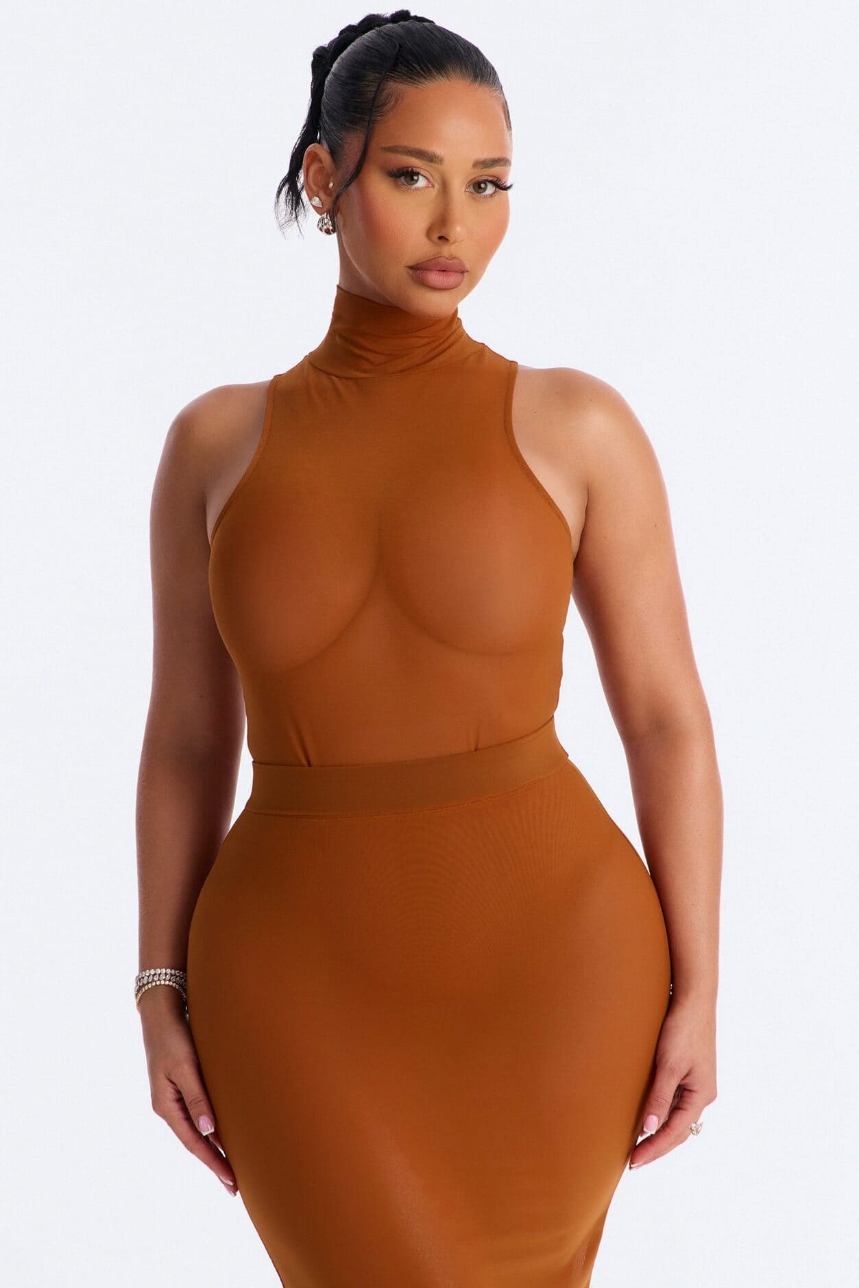 Power Mesh Turtle Neck Sleeveless Bodysuit - Copper alternate