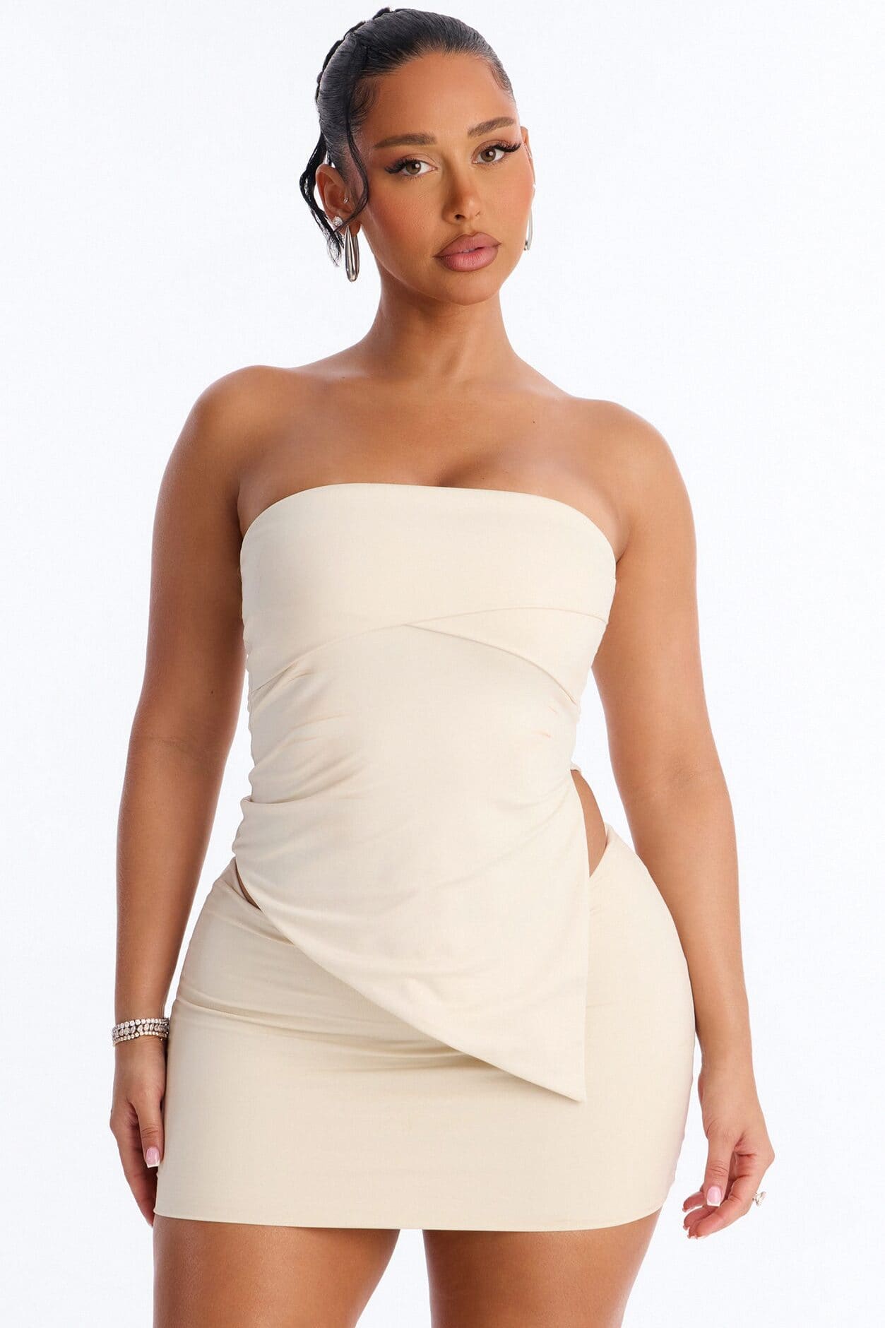 Contour Double Lined Asymmetrical Split Tube Top - Bone alternate