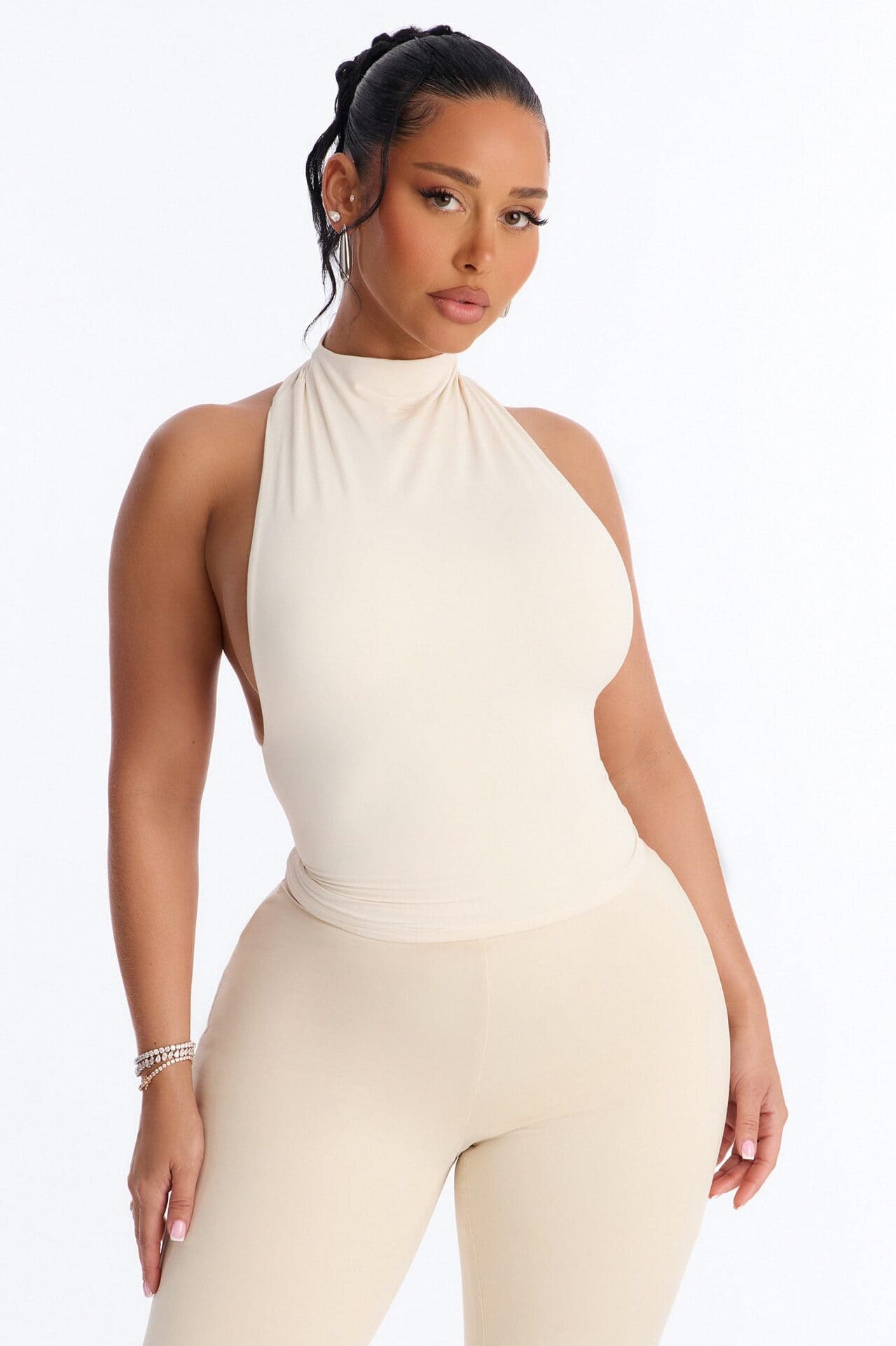 Second Skin Double Lined Mock Neck Racerback Top - Bone alternate