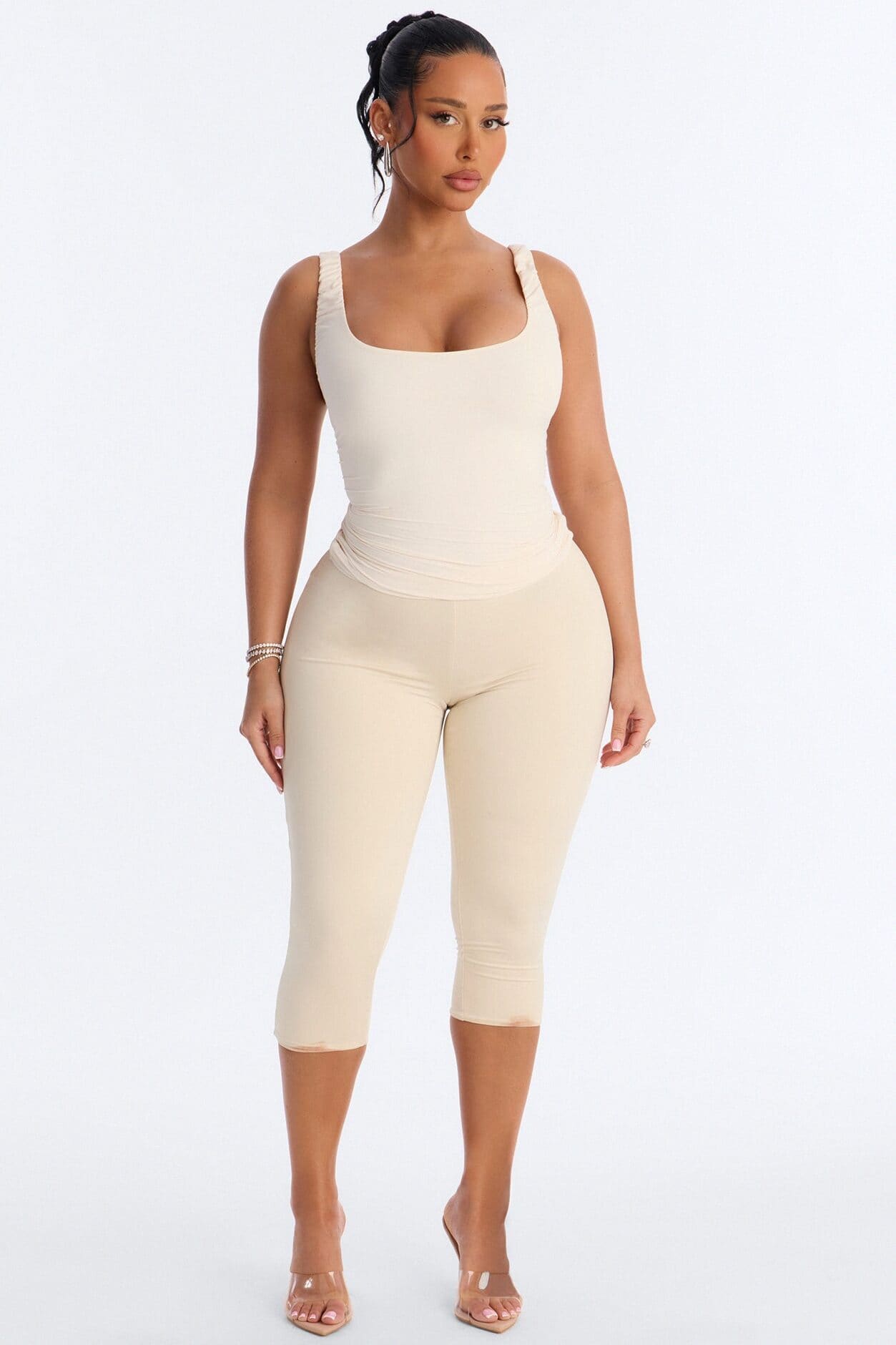 Second Skin Double Lined Scoop Neck Ruched Sleeveless Top - Bone alternate