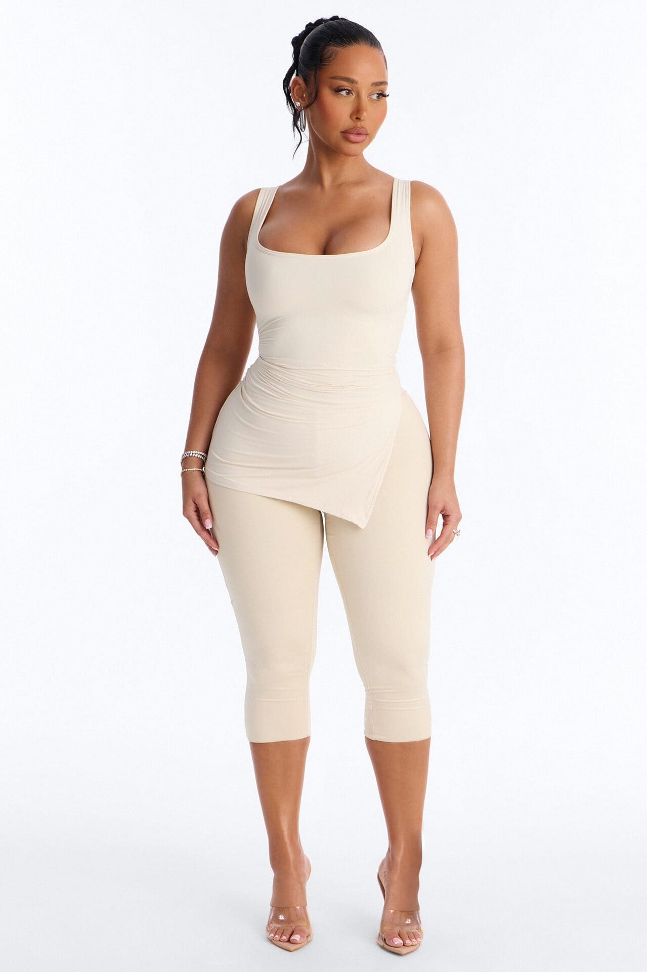 Second Skin Double Line Asymmetrical Ruched Tank Top - Bone alternate