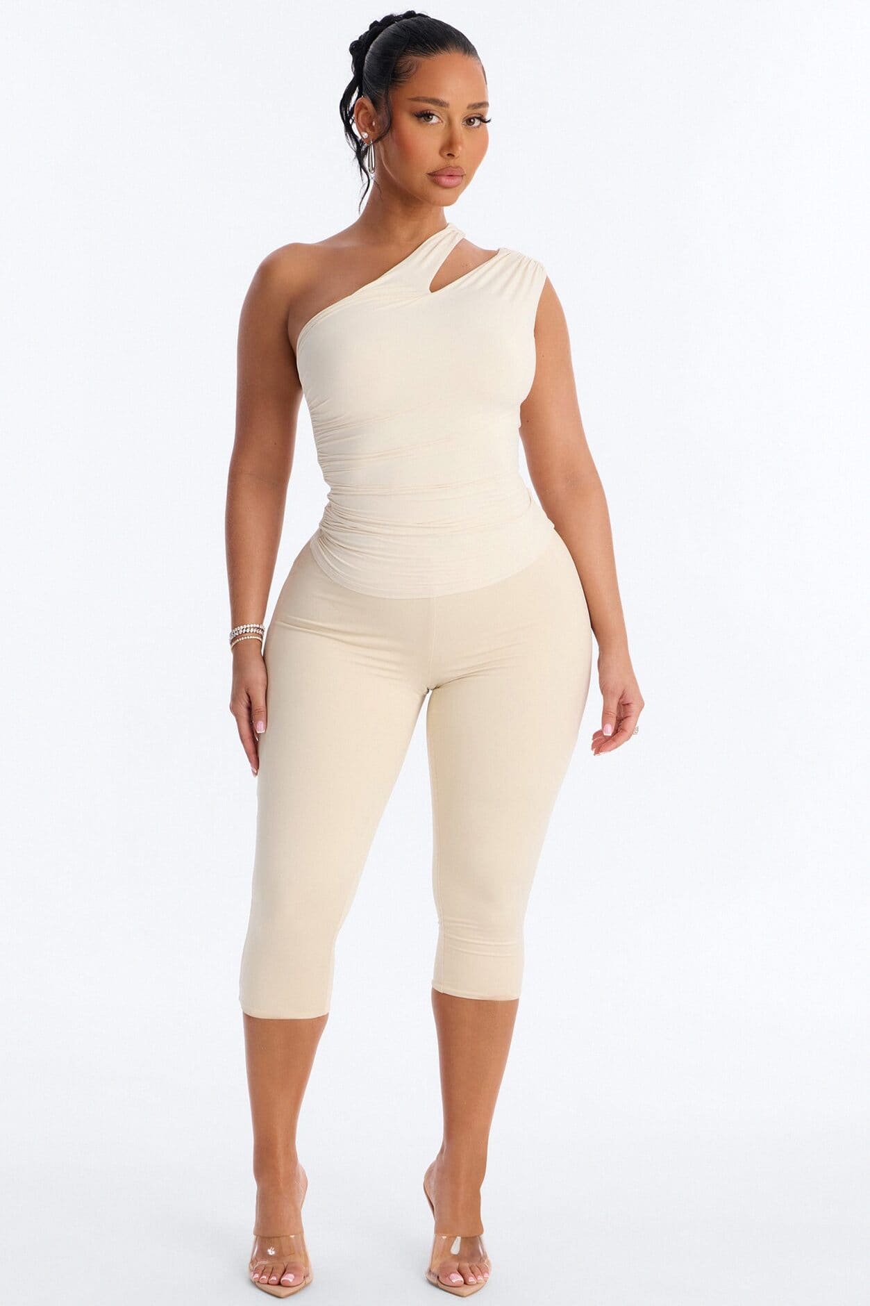 Second Skin Double Lined Cut Out One Shoulder Sleeveless Top - Bone alternate