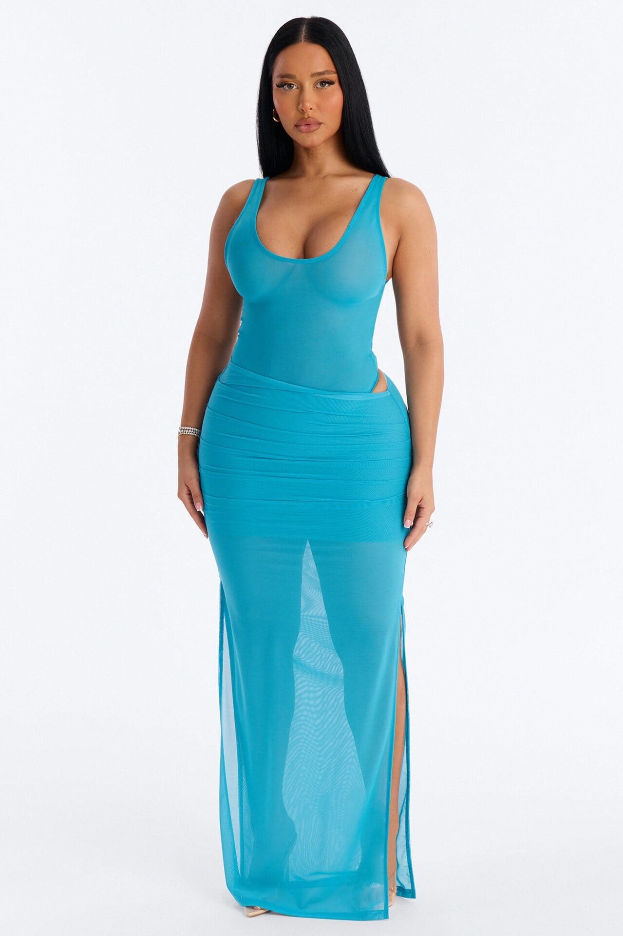 Power Mesh Deep U Neck Sleeveless Bodysuit - Blue alternate