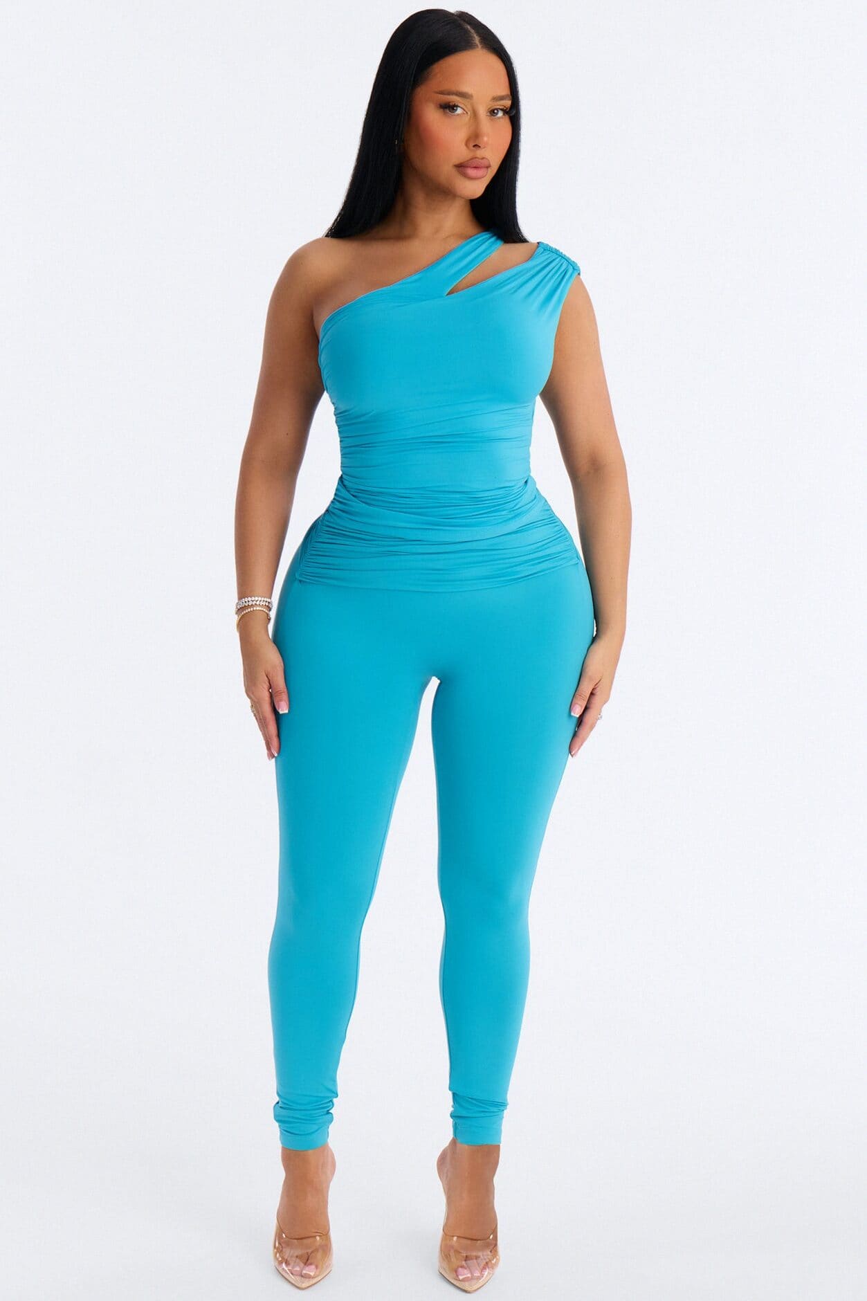 Second Skin Double Lined Cut Out One Shoulder Sleeveless Top - Blue alternate