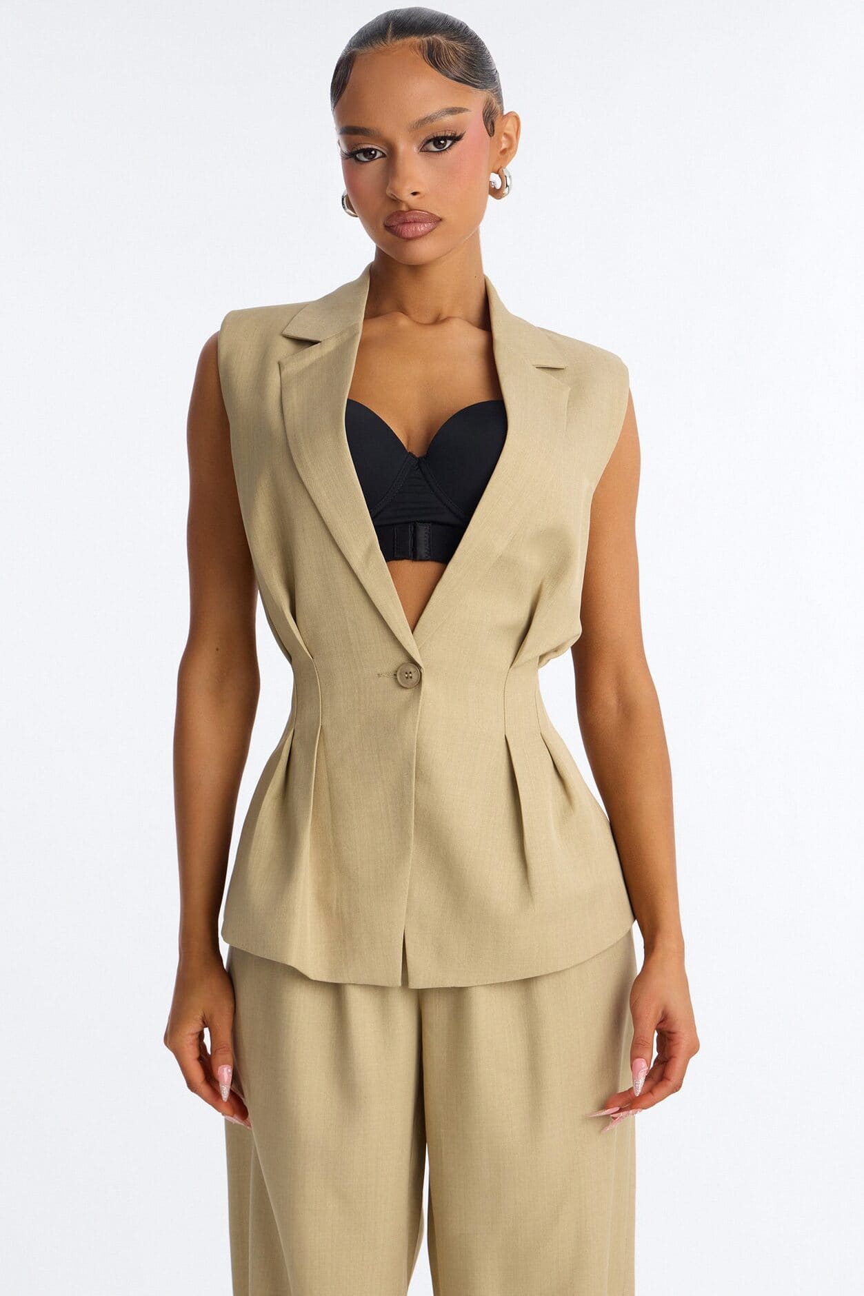 Christina Cinched Waist Pleated Blazer Vest - Sage alternate