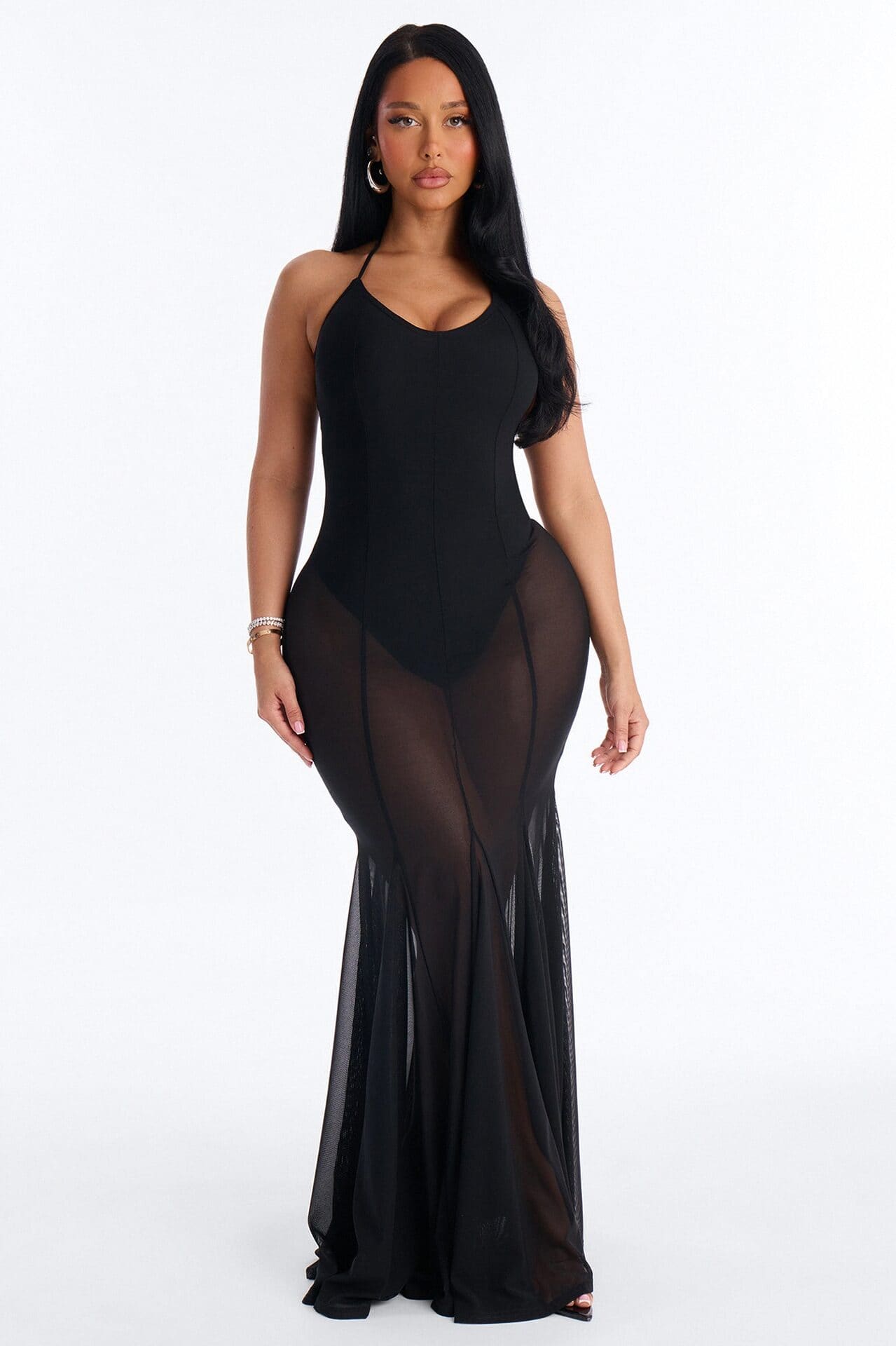 Power Mesh V Neck Halter Maxi Dress - Black