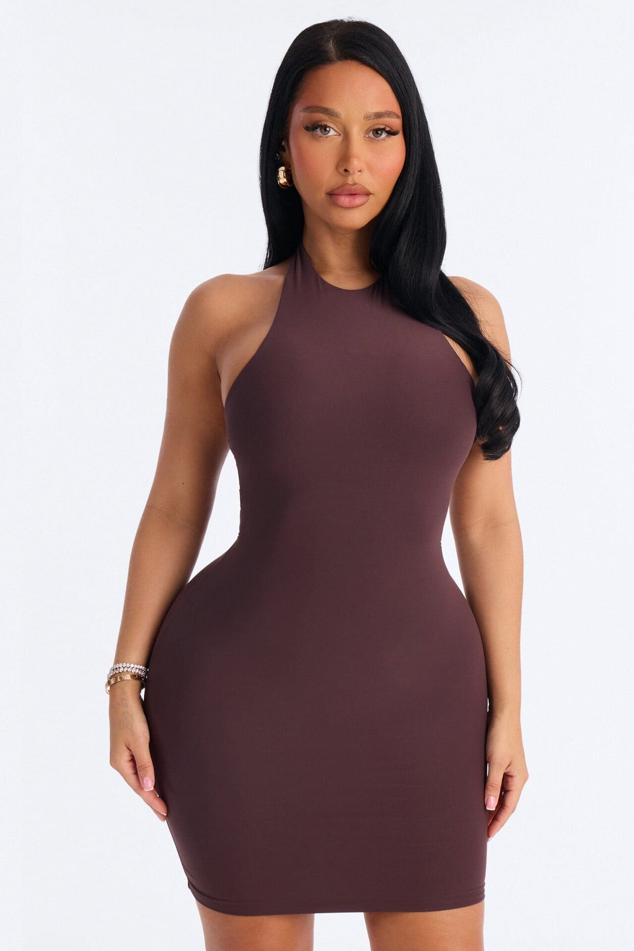 Second Skin Bra Pad Sleeveless Halter Mini Dress - Chocolate alternate