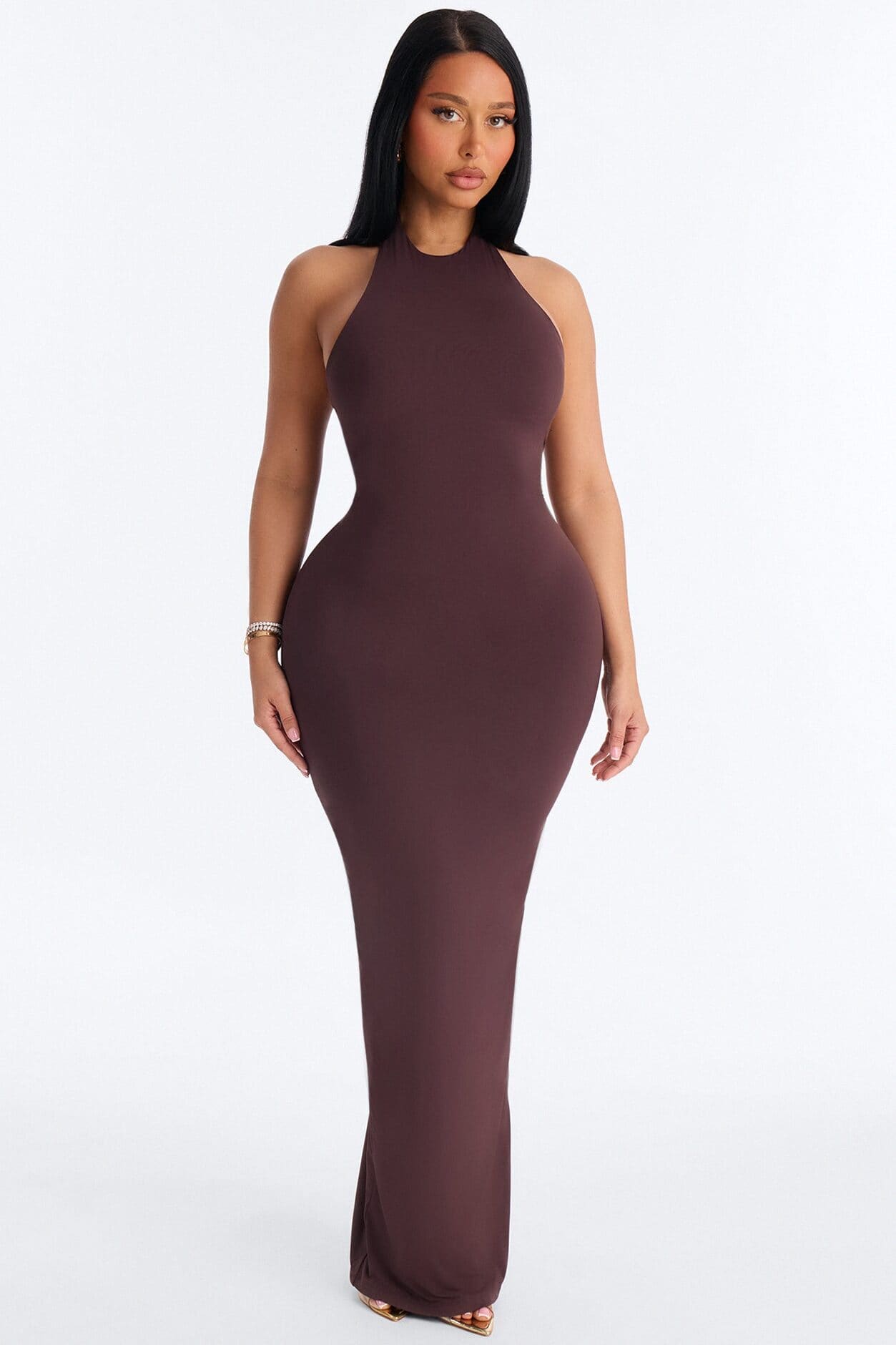 Second Skin Bra Pad Sleeveless Halter Maxi Dress - Chocolate