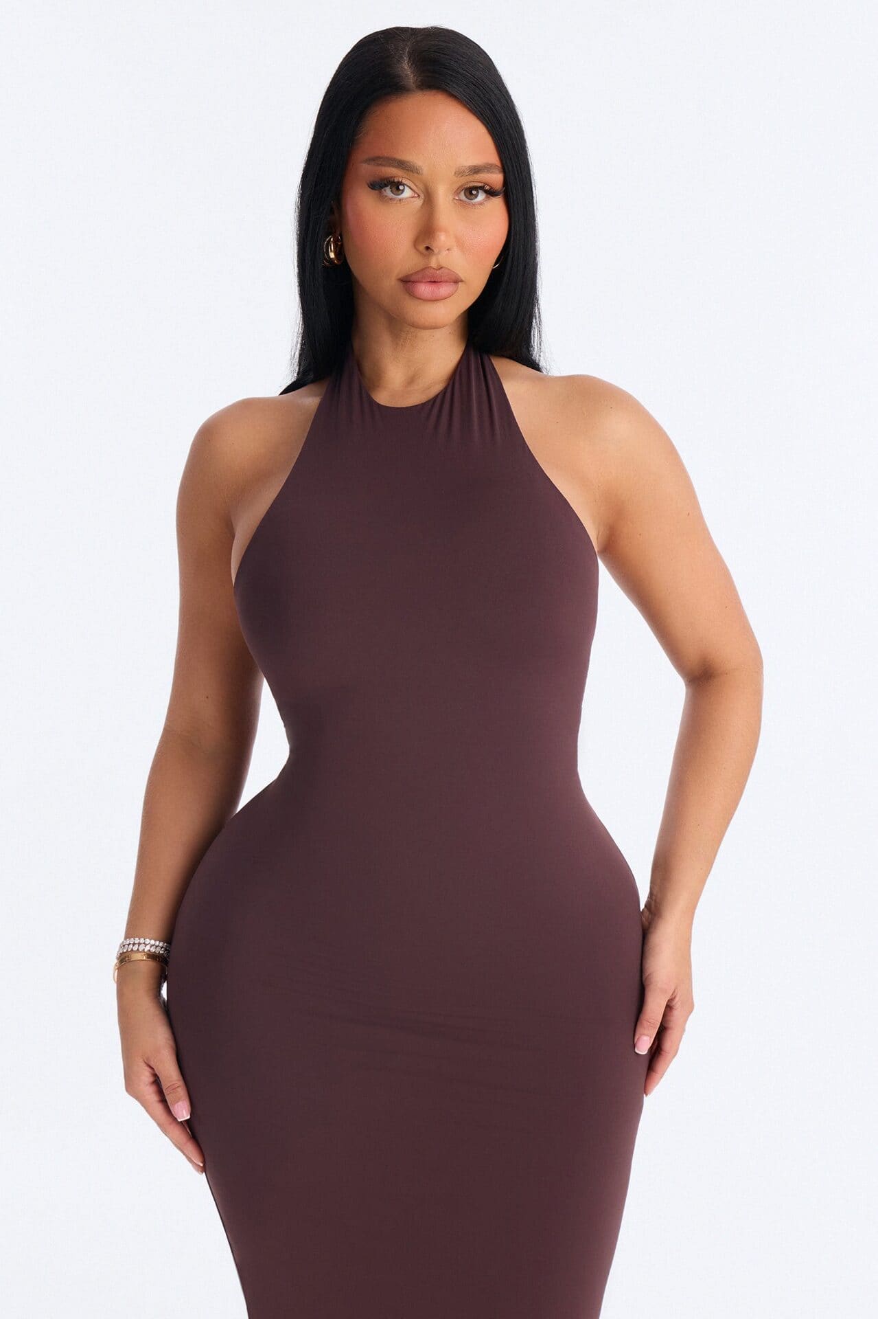 Second Skin Bra Pad Sleeveless Halter Maxi Dress - Chocolate alternate