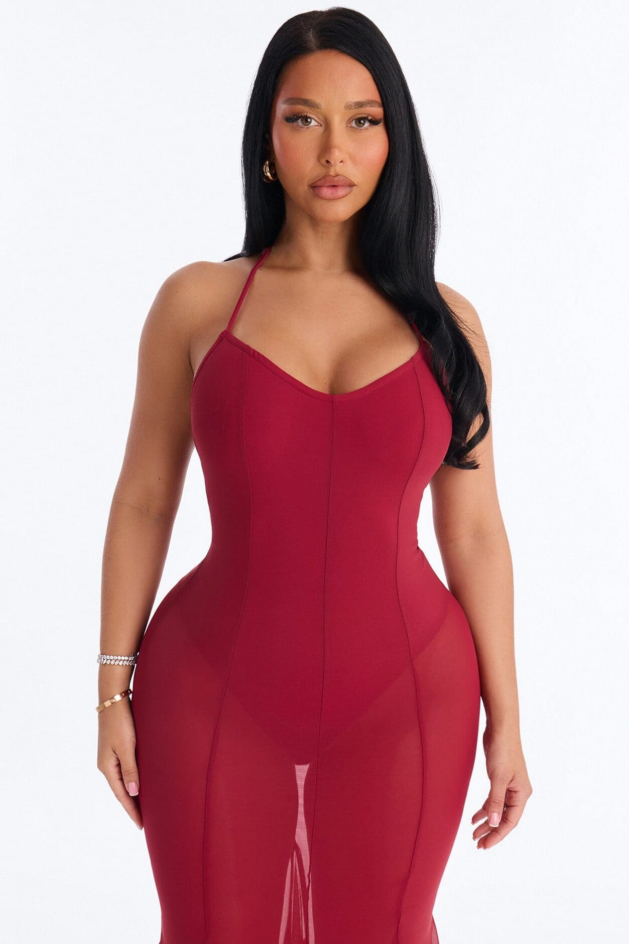 Power Mesh V Neck Halter Maxi Dress - DarkRed alternate