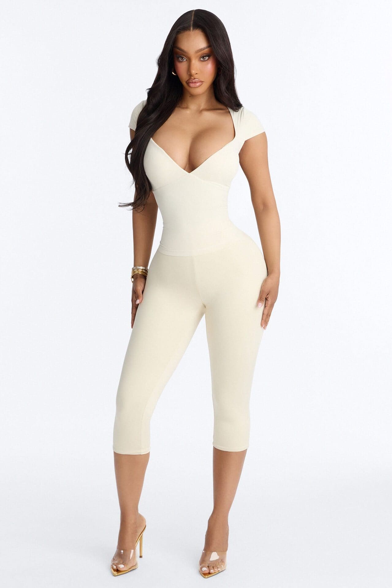 Second Skin Double Lined Bra Pad V Neck Cap Sleeve Top - Bone alternate