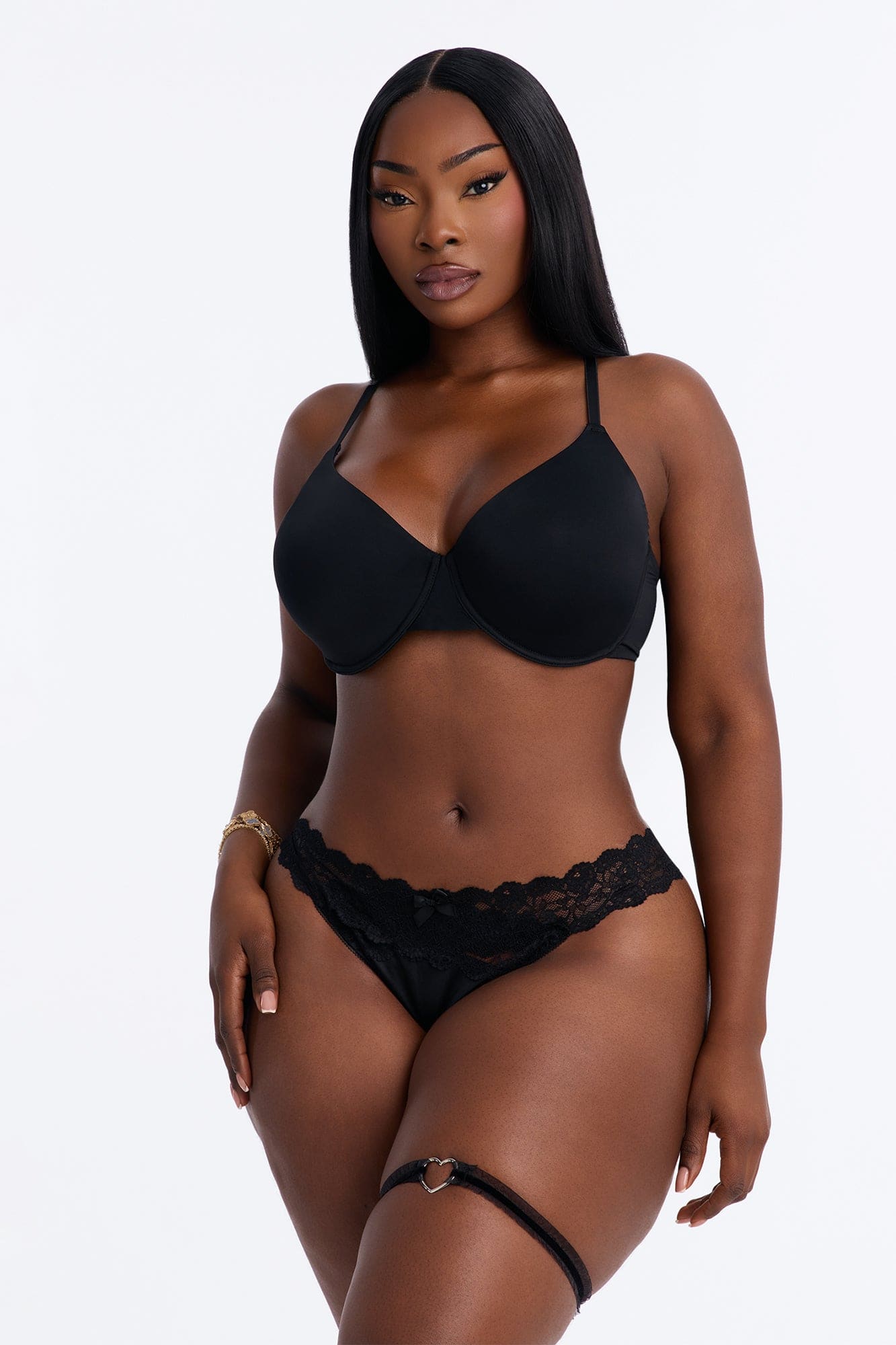 Ciela Satin Lace Cheeky Panty With Garter - Black