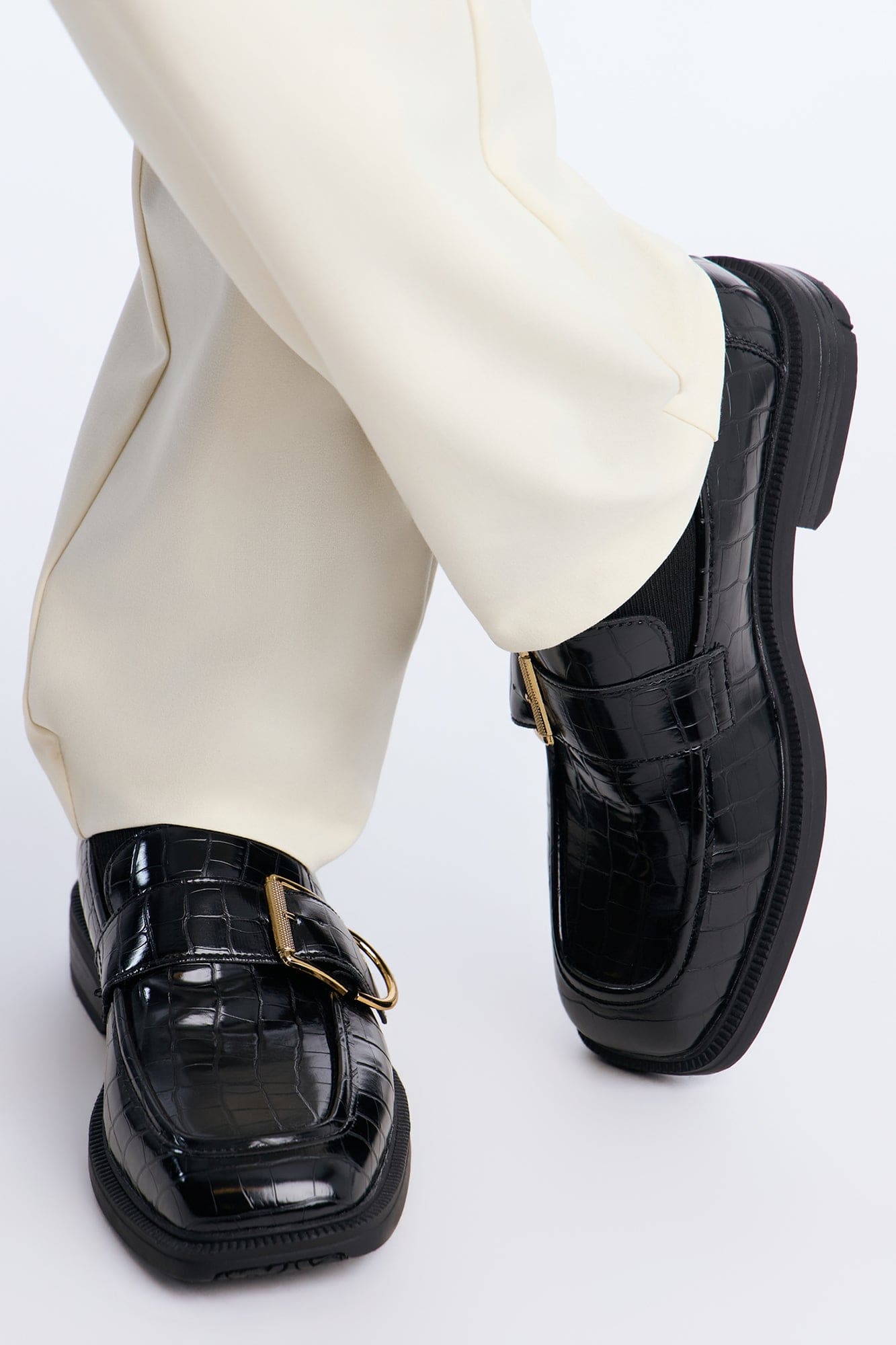 Buckled Croc Faux Leather Slip On Loafer - Black alternate