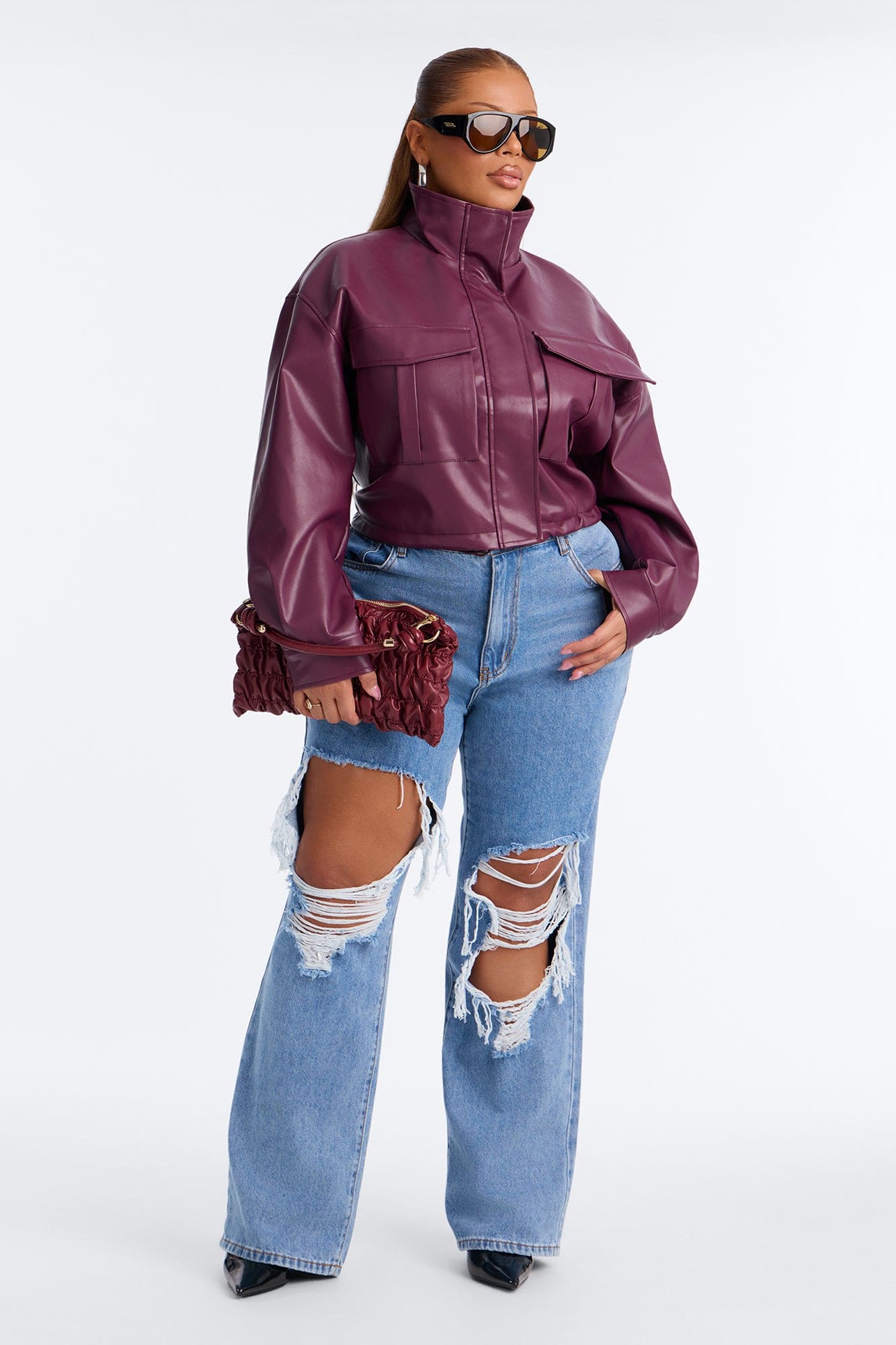 No Hard Feelings Faux Leather Cropped Bomber Jacket - Burgundy alternate