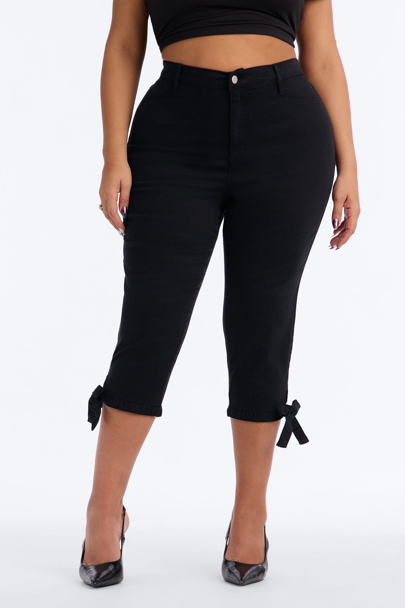 Classic Color High Waist Bow Tie Capri Jeans - Black alternate