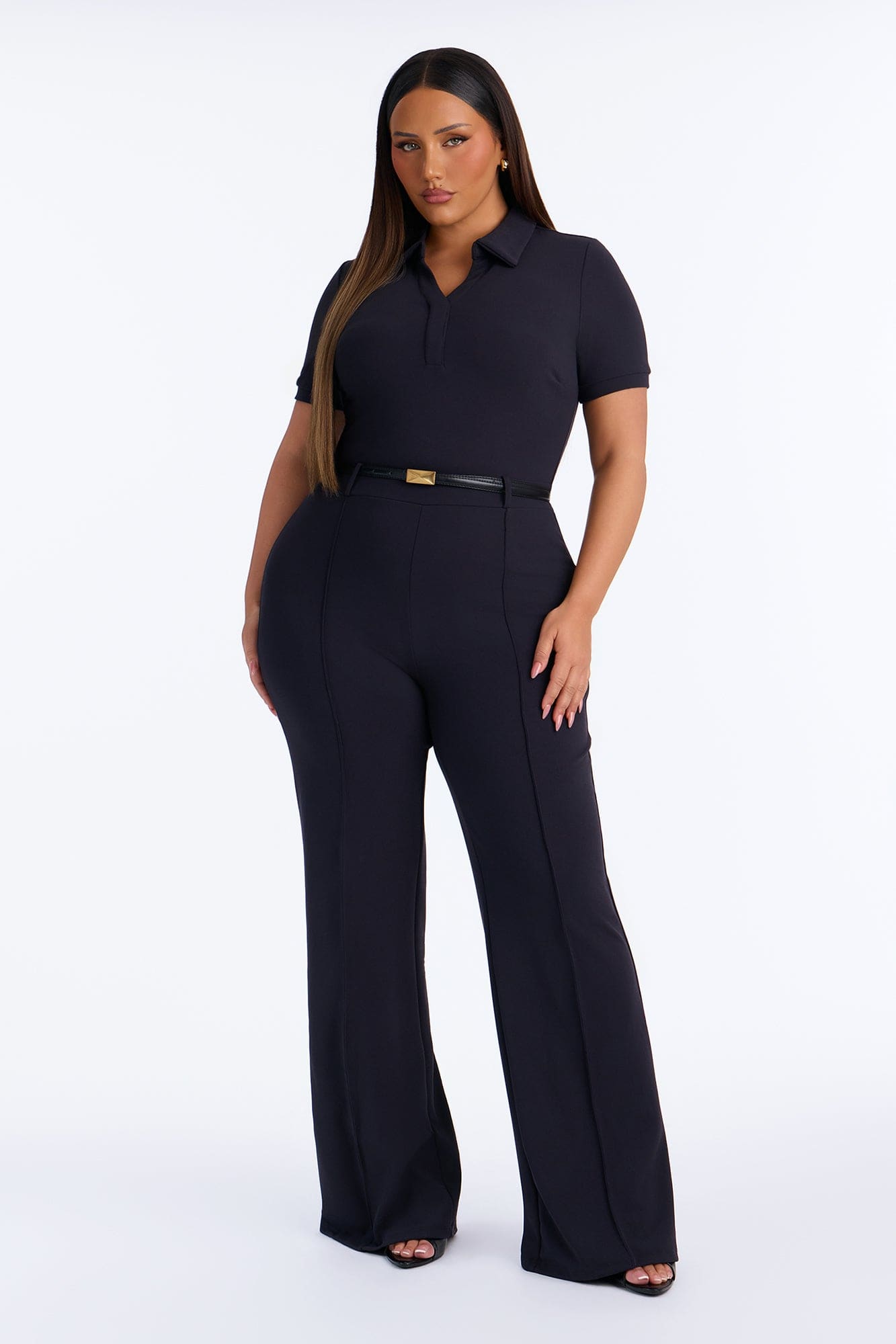 Angelique Belted Wide Leg Jumpsuit - Charcoal/combo