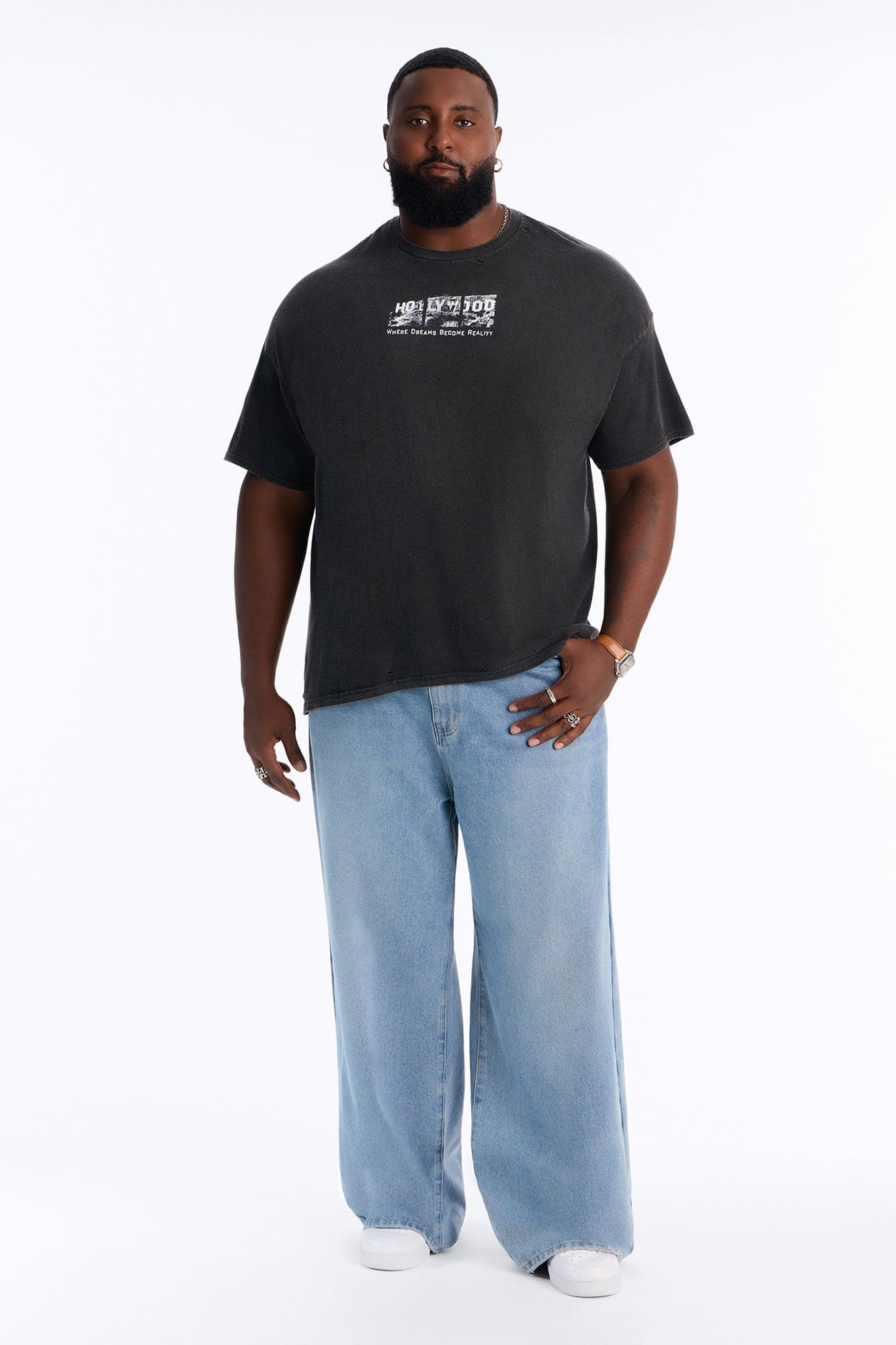Hollywood Star Hills Distressed Vintage Oversized Short Sleeve Tee - Black alternate