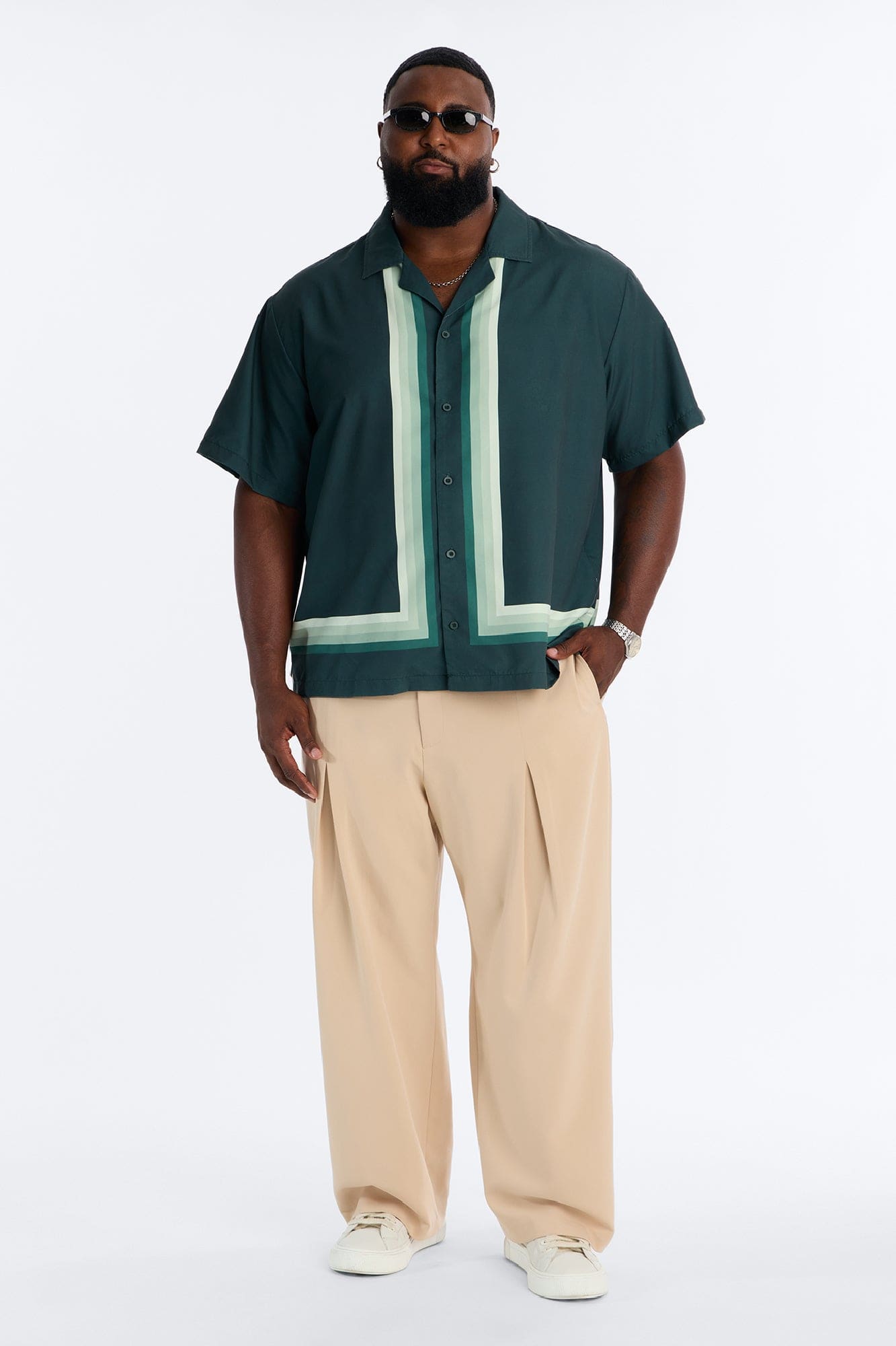 Level Up Relaxed Cuban Collar Button Up Shirt - Green/combo alternate