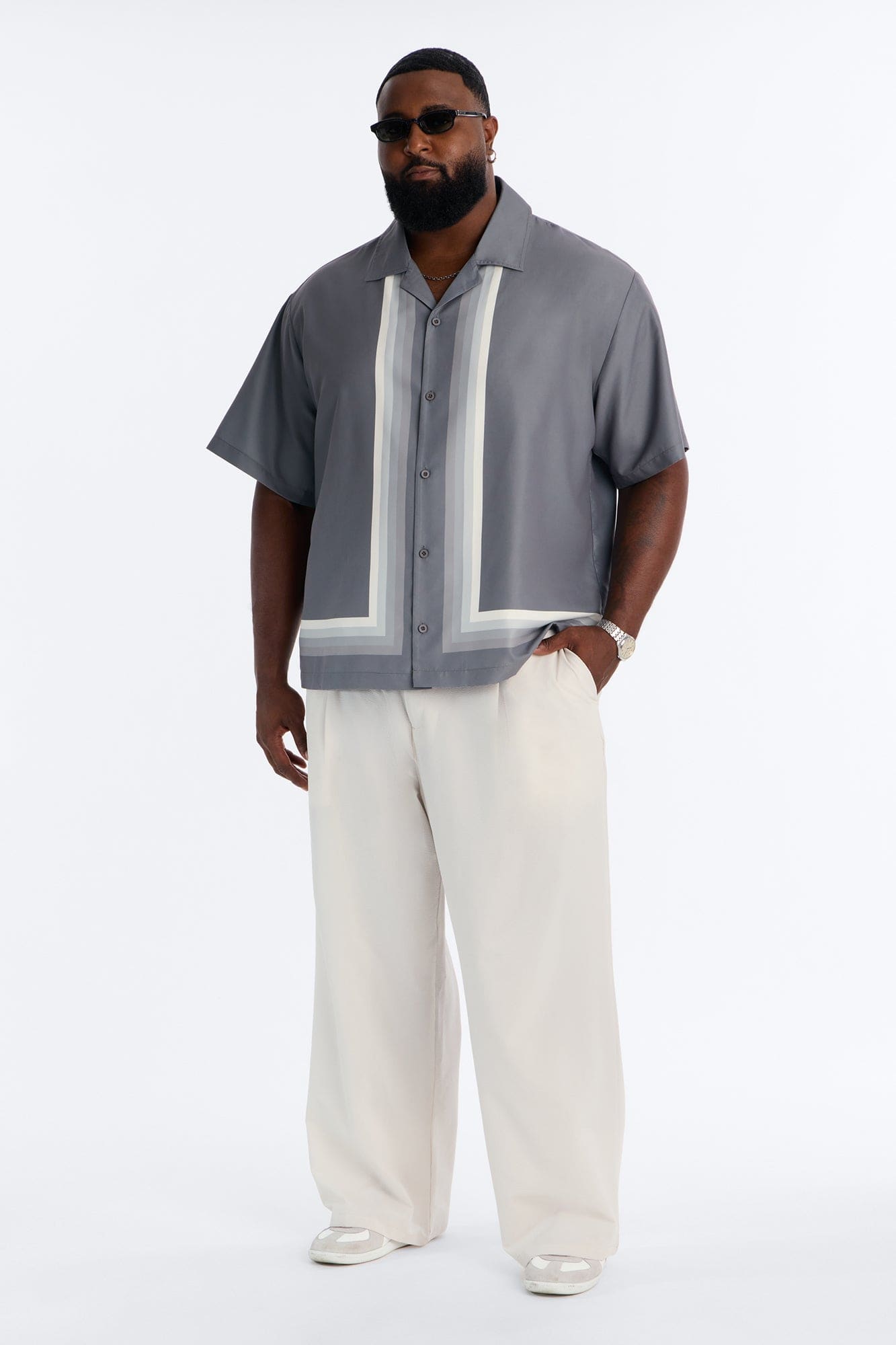 Level Up Relaxed Cuban Collar Button Up Shirt - Grey/combo alternate