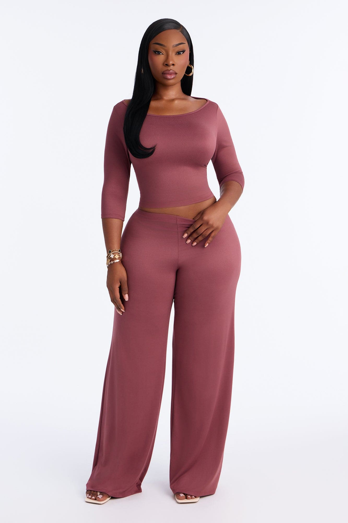 Leanne 3/4 Sleeve Pant Set - Marsala