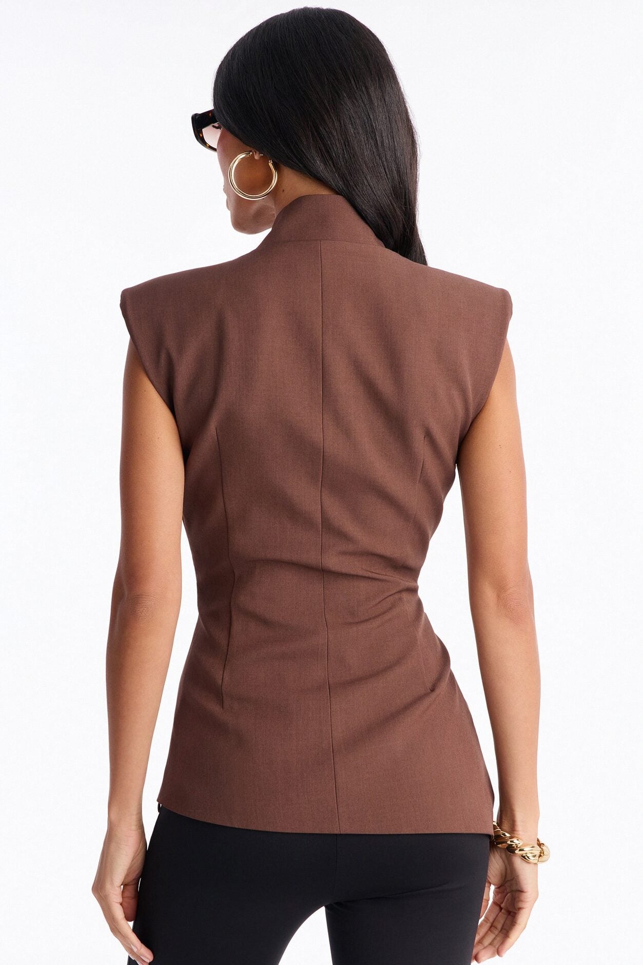Let's Get Going Shoulder Pads Pleated Top - Brown image 4