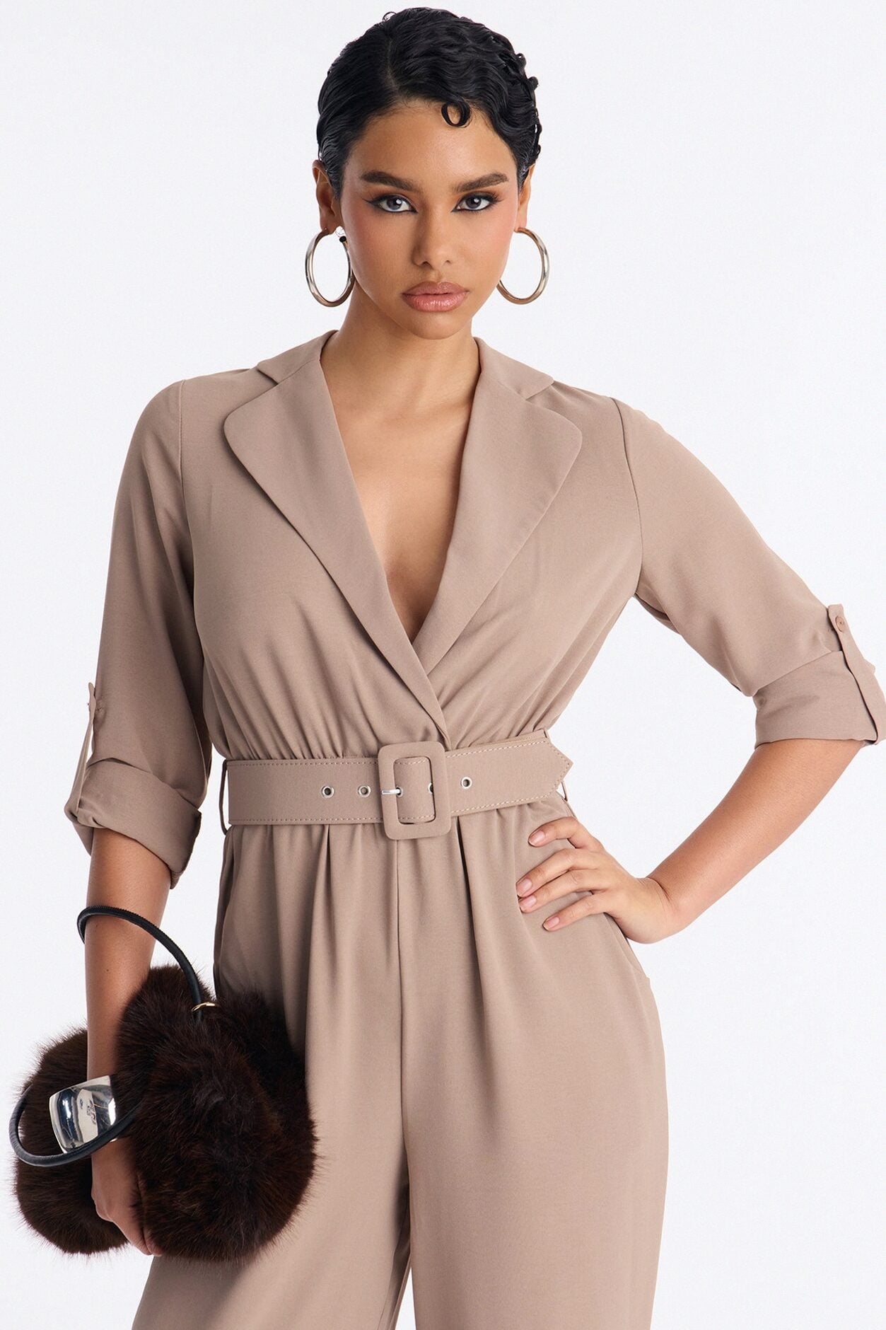 Running Around Belted Straight Leg Jumpsuit - Taupe image 2