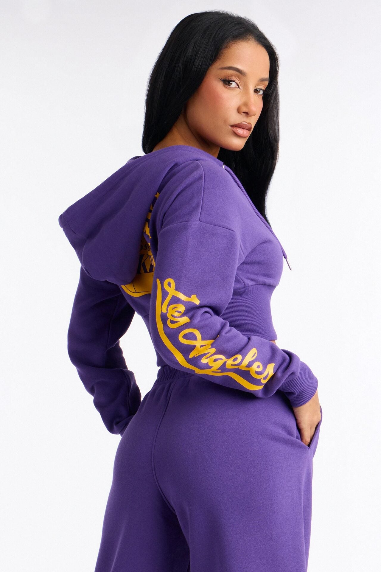 NBA LA Lakers Cropped Fleece Full Zip Hoodie - Purple image 5