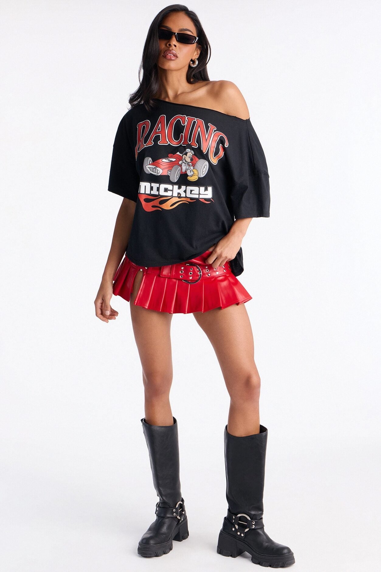 Mickey Racing Off Shoulder Tee - Black image 2