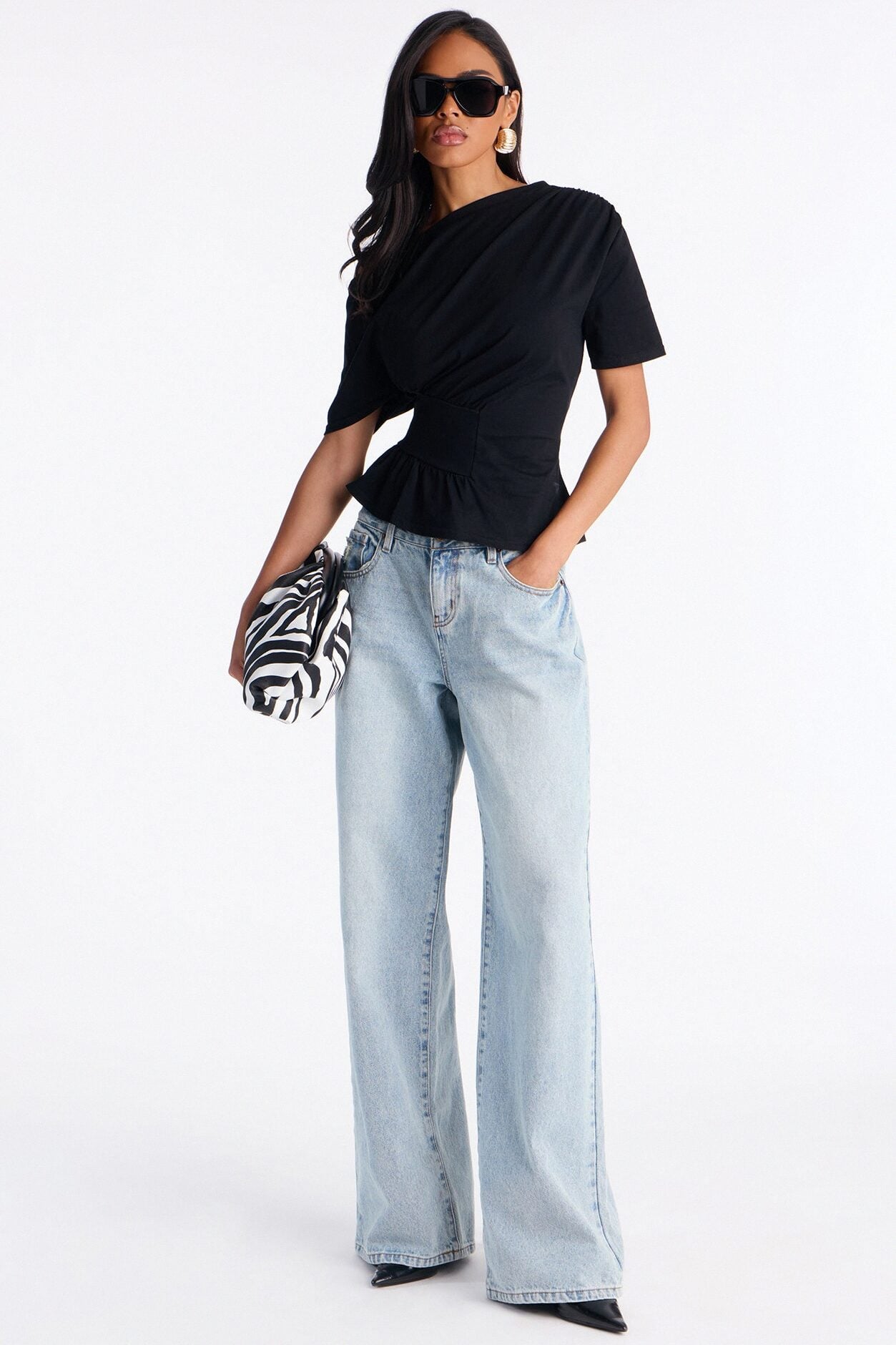 Brooklyn Ruched Off Shoulder Short Sleeve T-Shirt - Black image 2