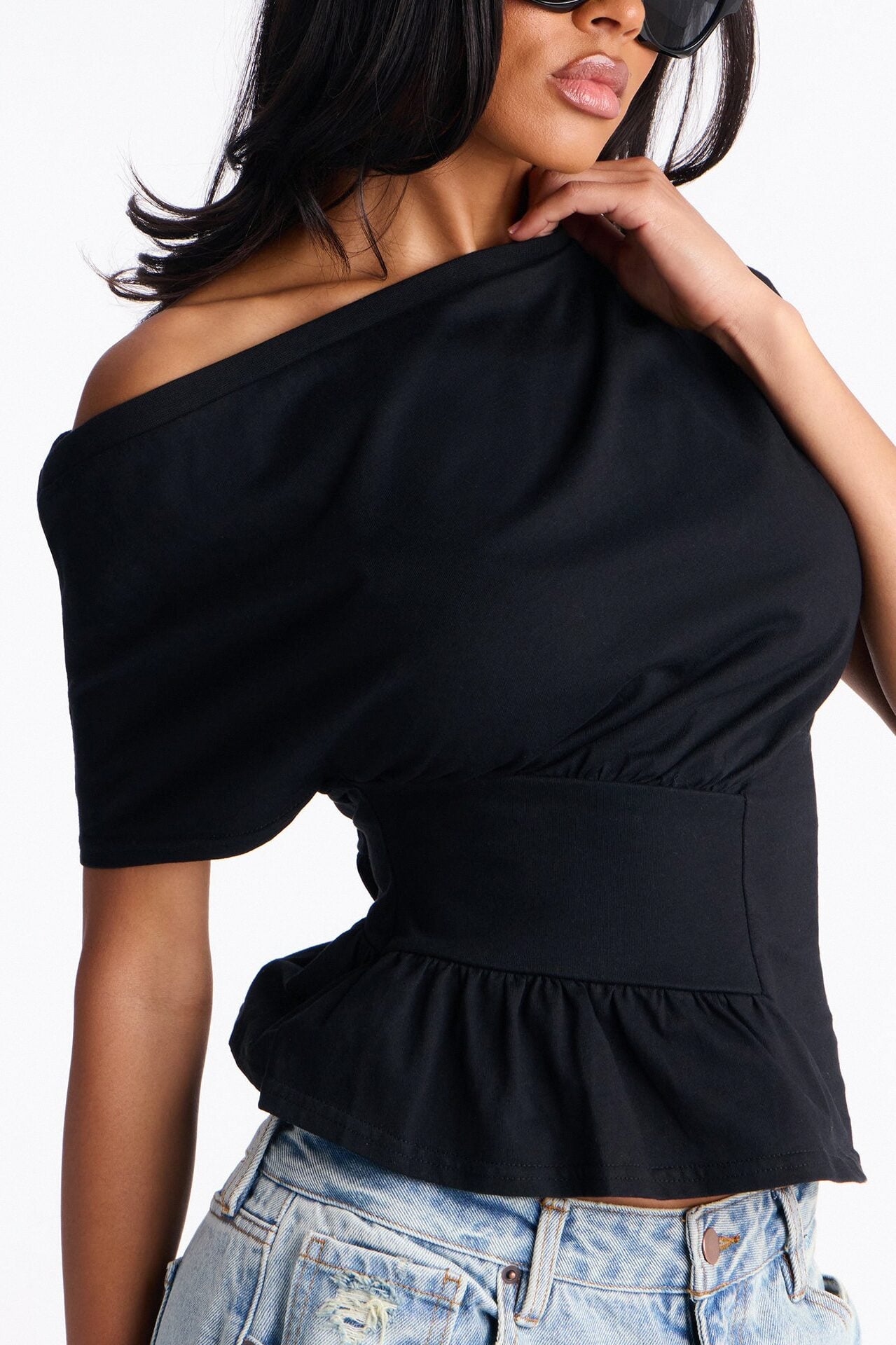 Brooklyn Ruched Off Shoulder Short Sleeve T-Shirt - Black image 3