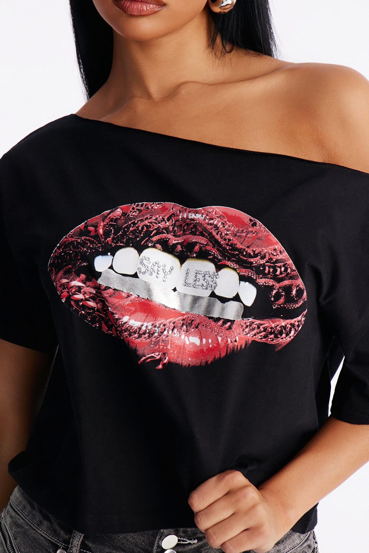 Say Less Lips Off Shoulder Tee - Black image 3