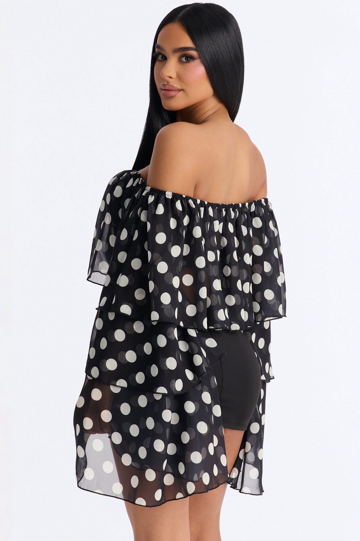 Polka Dot Glow Off Shoulder Chiffon Top - Black/combo image 4