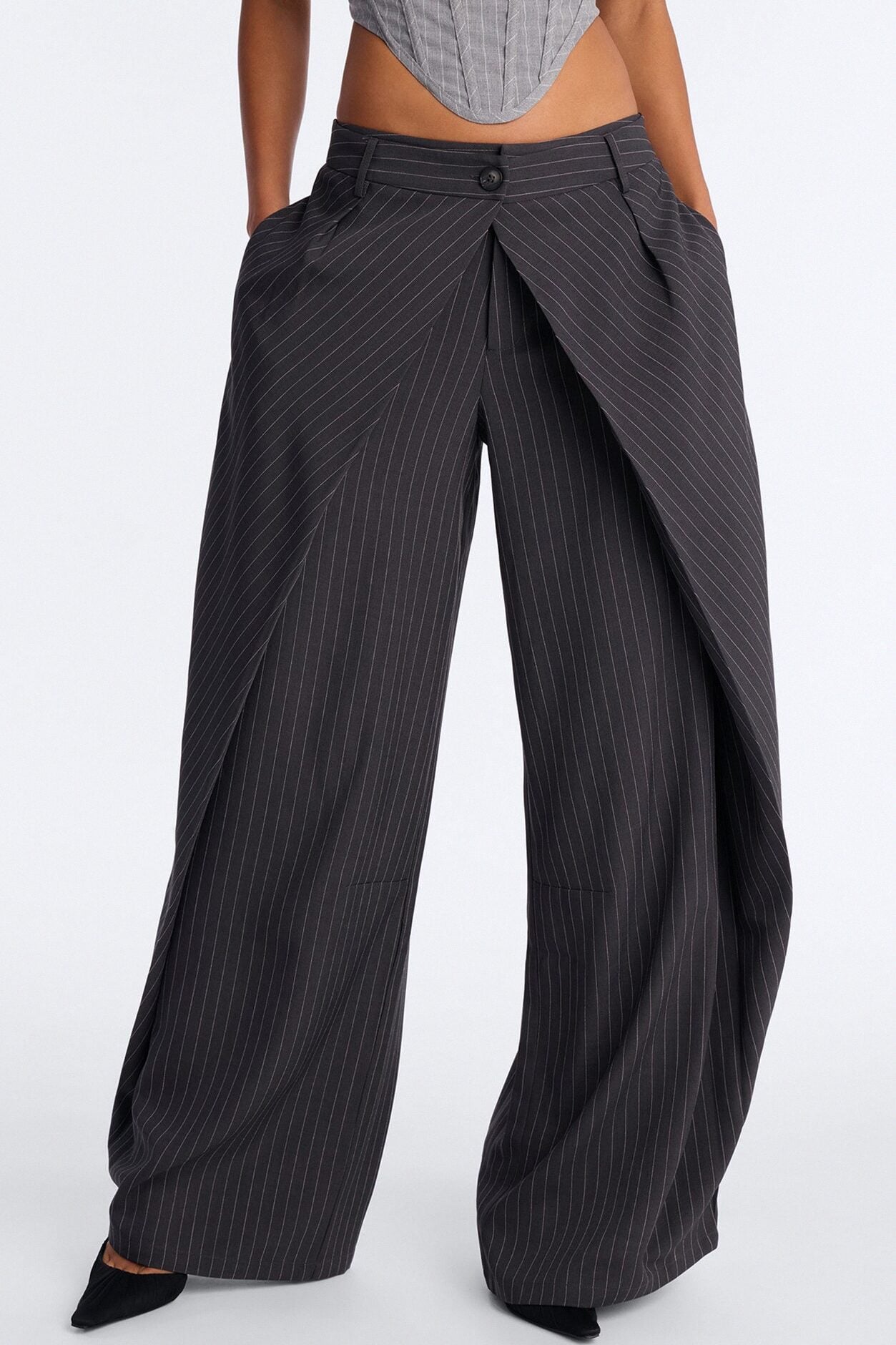 Margaret Mid Rise Wide Leg Front Wrap Trouser Pant 33″ - Charcoal image 2
