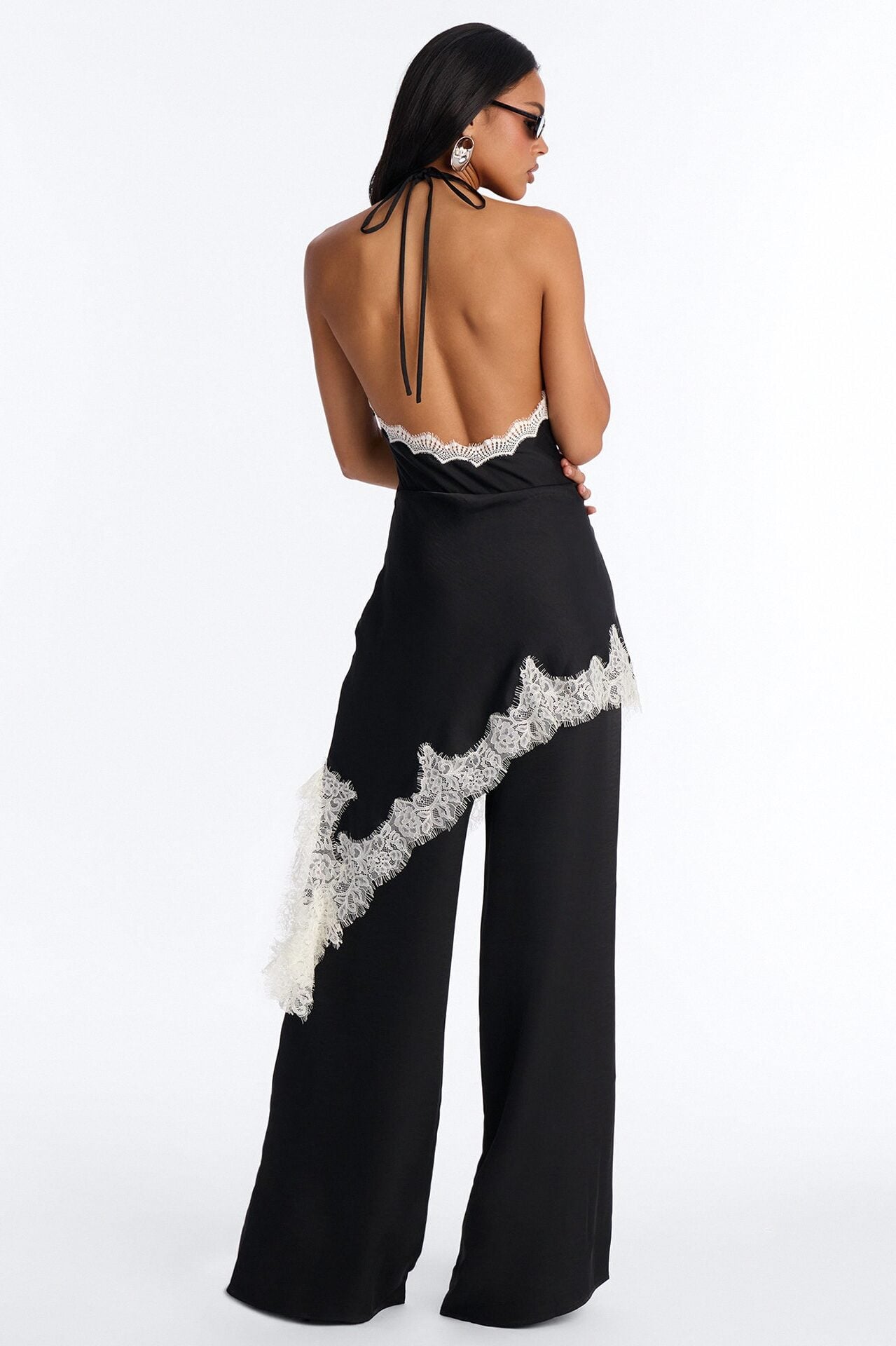 Bella Rose Draped Lace Trim Jumpsuit - Black image 4