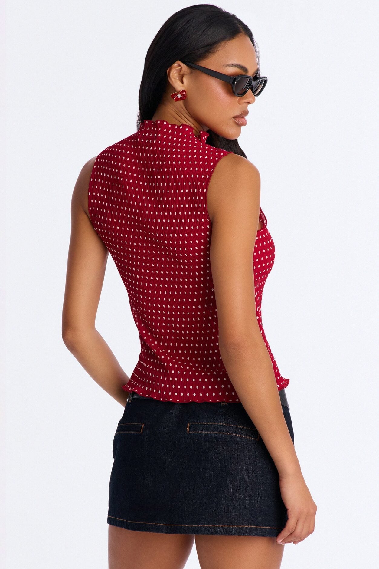 Into Paradise Mock Neck Polka Dot Plisse Top - Red/combo image 4