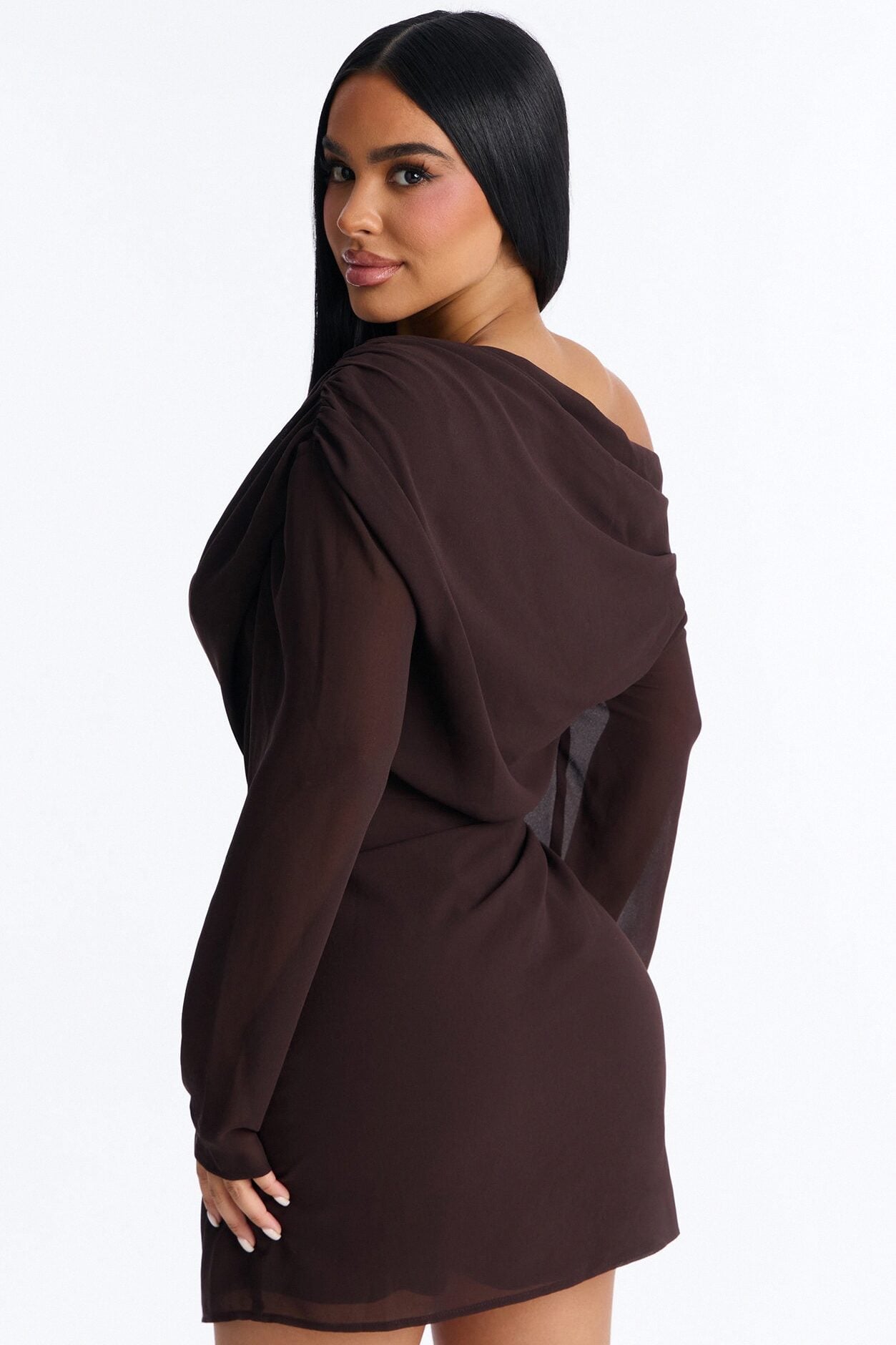 Kennedy Long Sleeve Chiffon Mini Dress - Chocolate image 4