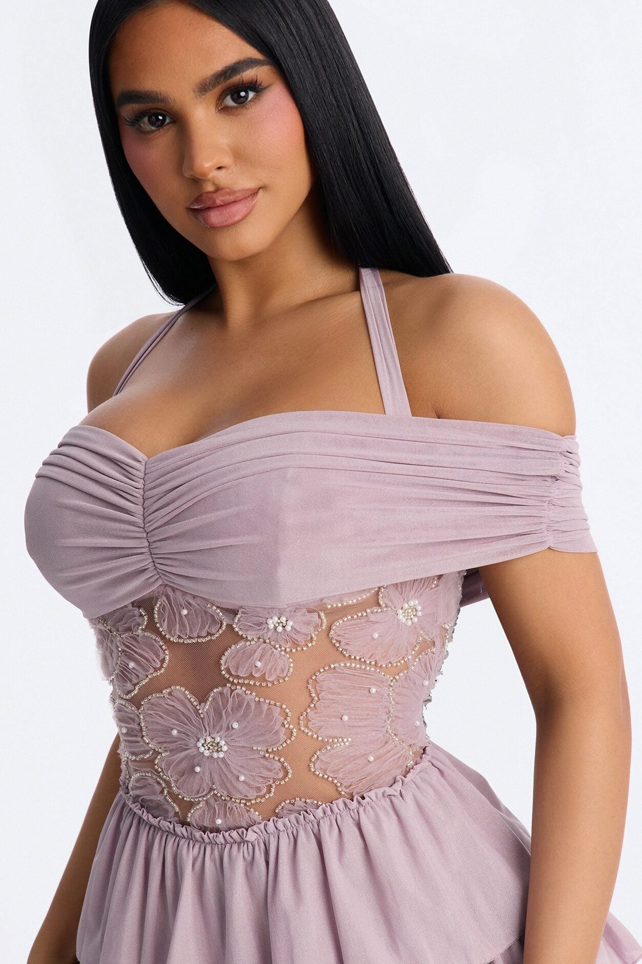 Remi Ruffle Beaded Mesh Mini Dress - Mauve image 3