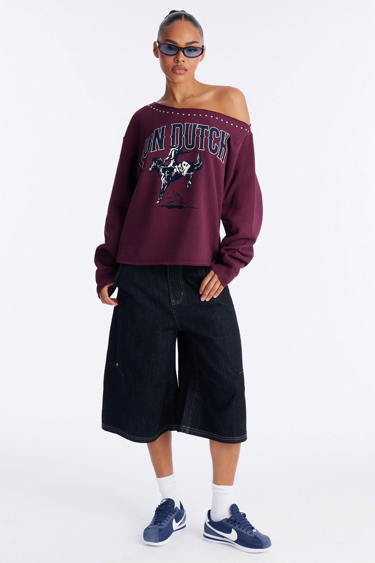 Von Dutch Western Heart Off Shoulder Studded Sweatshirt - Burgundy image 2