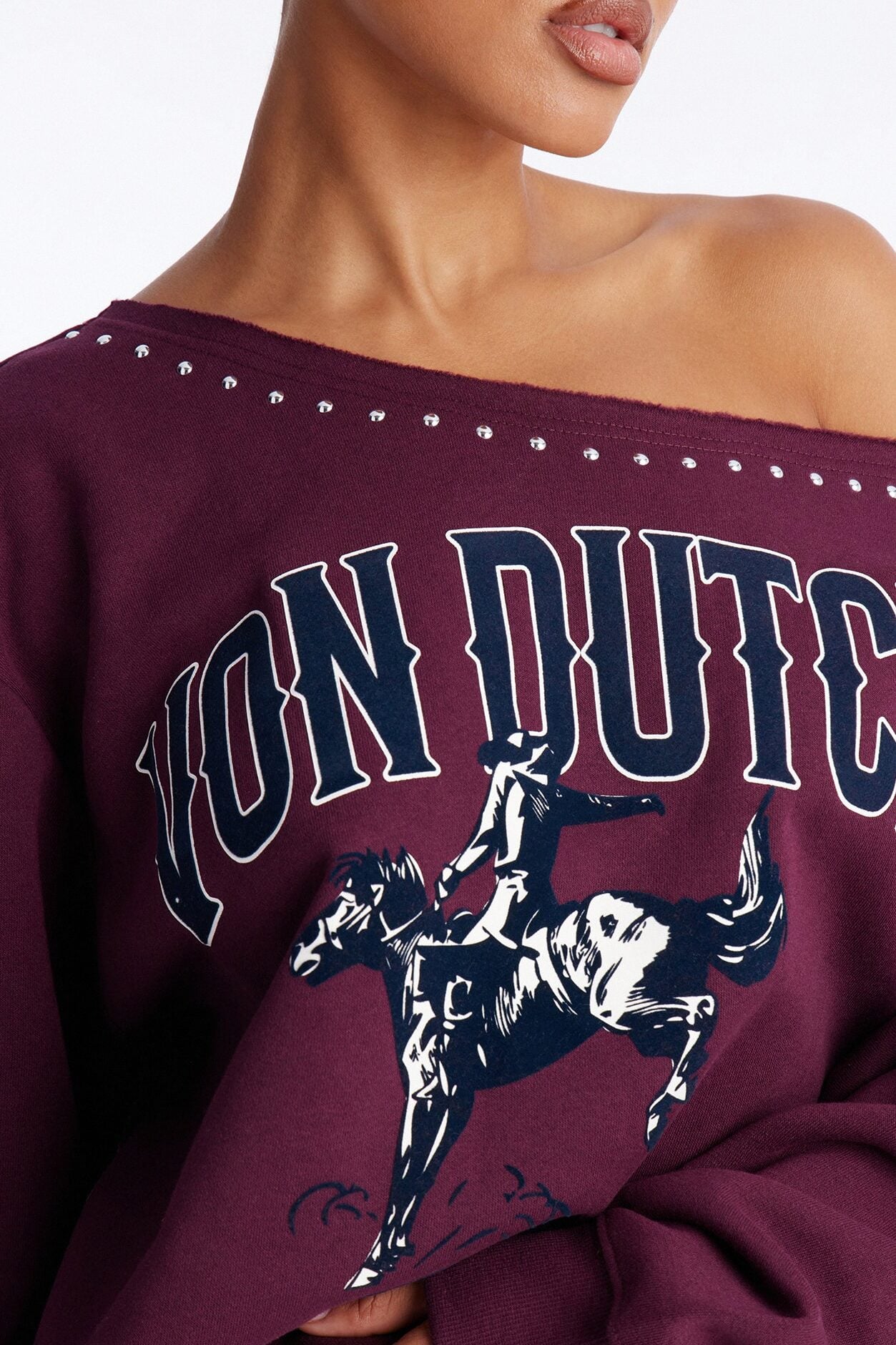 Von Dutch Western Heart Off Shoulder Studded Sweatshirt - Burgundy image 3