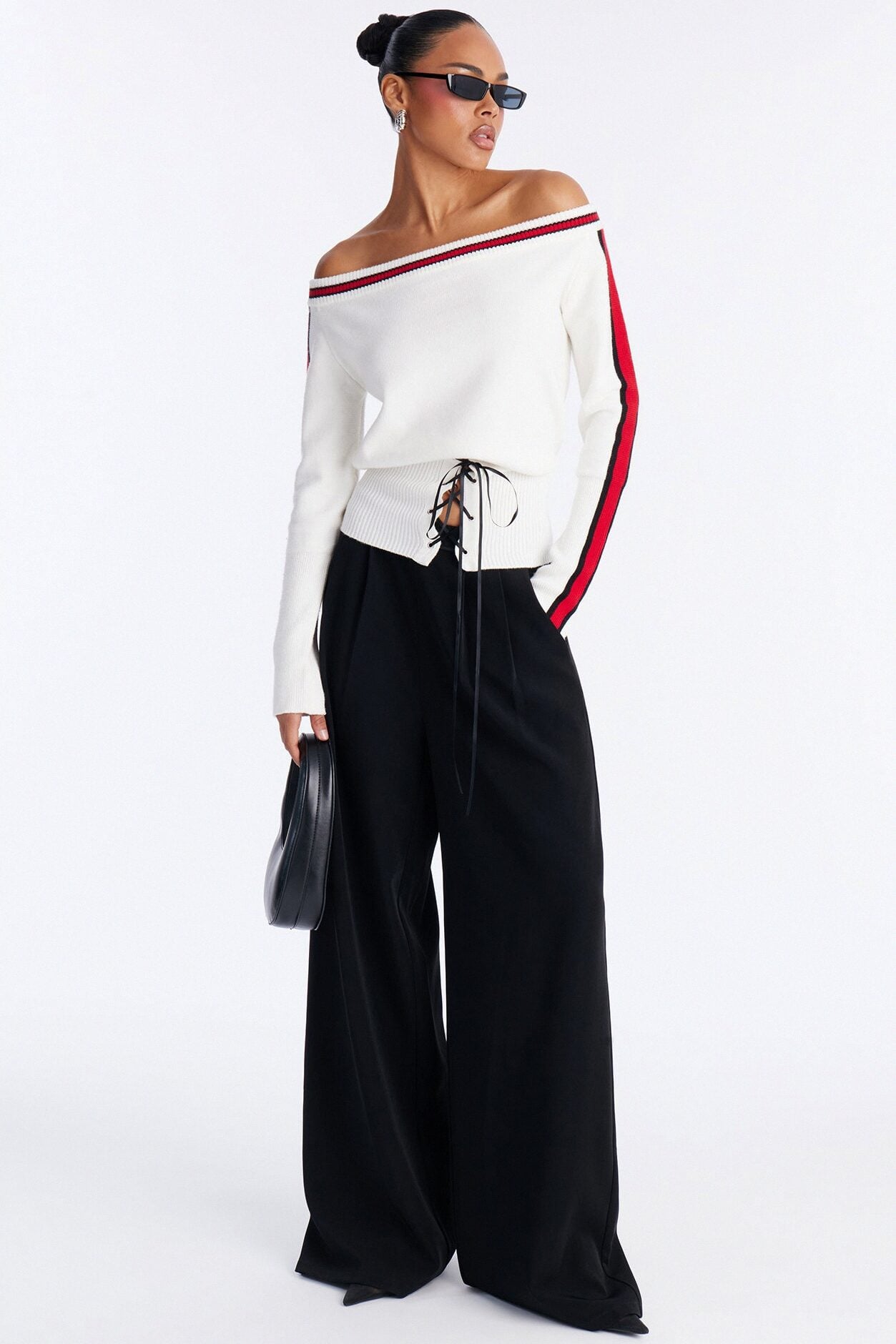 All You Need Off Shoulder Lace Up Sweater Top - White/combo image 2
