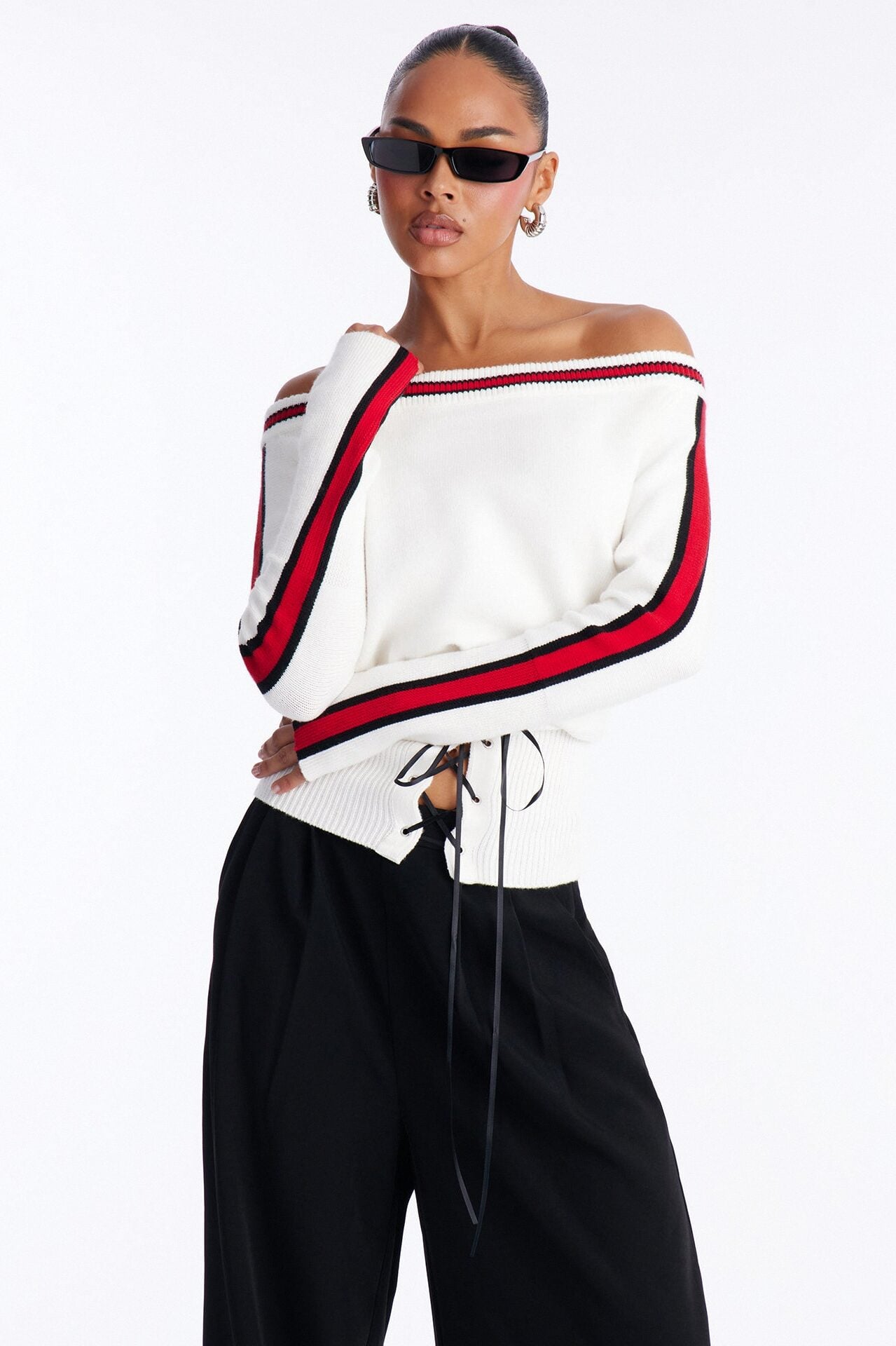 All You Need Off Shoulder Lace Up Sweater Top - White/combo image 3