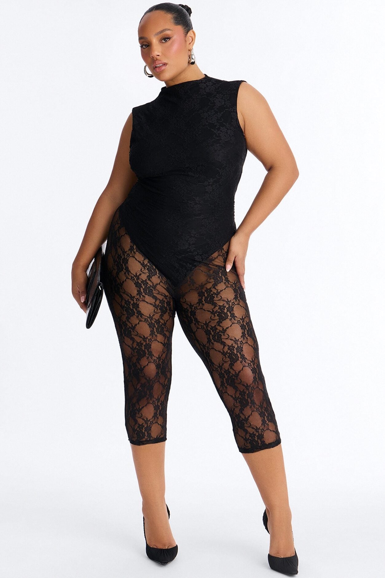 Miley Backless Lace Capri Catsuit - Black image 5